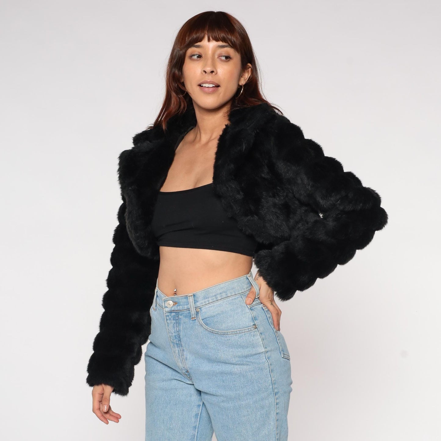 Y2K Black Faux Fur Cropped Jacket Oversized Collar Long Sleeve Medium