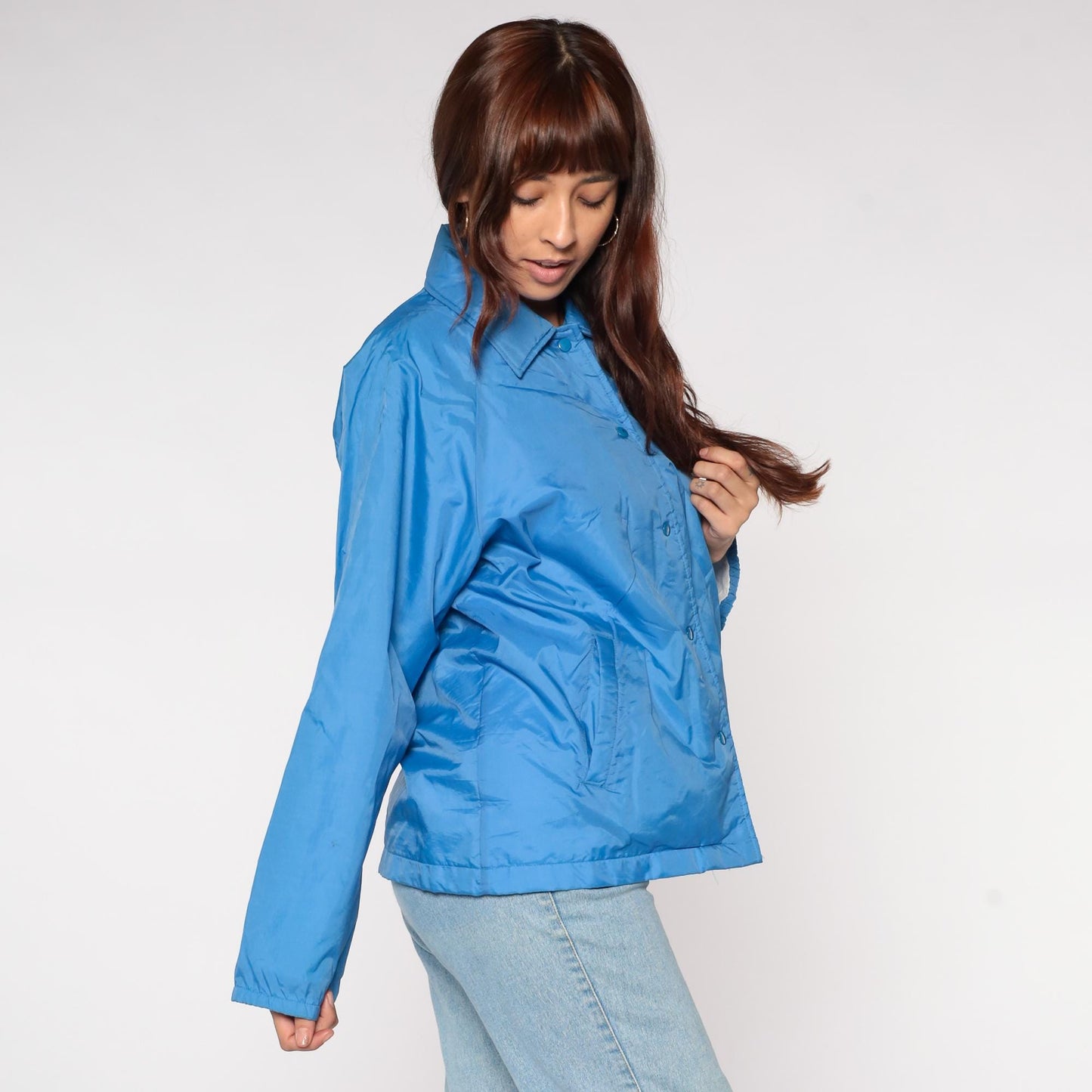 80s Sears Electric Blue Windbreaker Nylon Button-Front Jacket Large