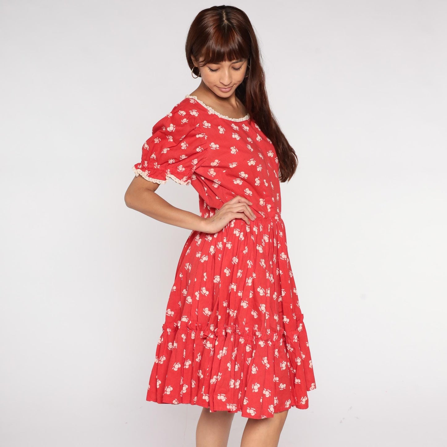 70s Apple Red Floral Prairie Dress Puff Sleeves Lace Trim Extra Large XL