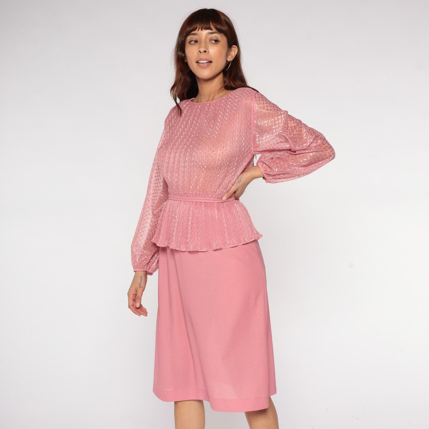 70s Hal Ferman Disco Dress Pink Metallic Peplum Long Sleeve Medium