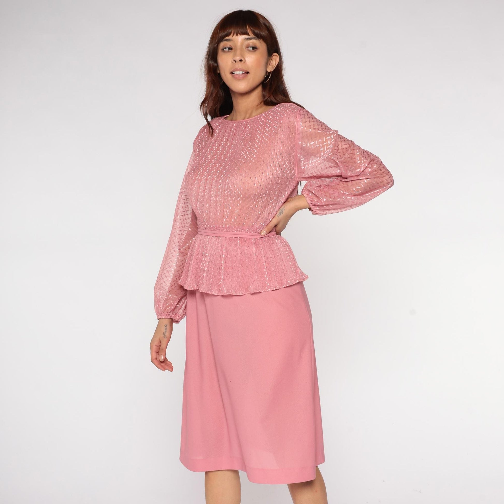 70s Hal Ferman Disco Dress Pink Metallic Peplum Long Sleeve Medium
