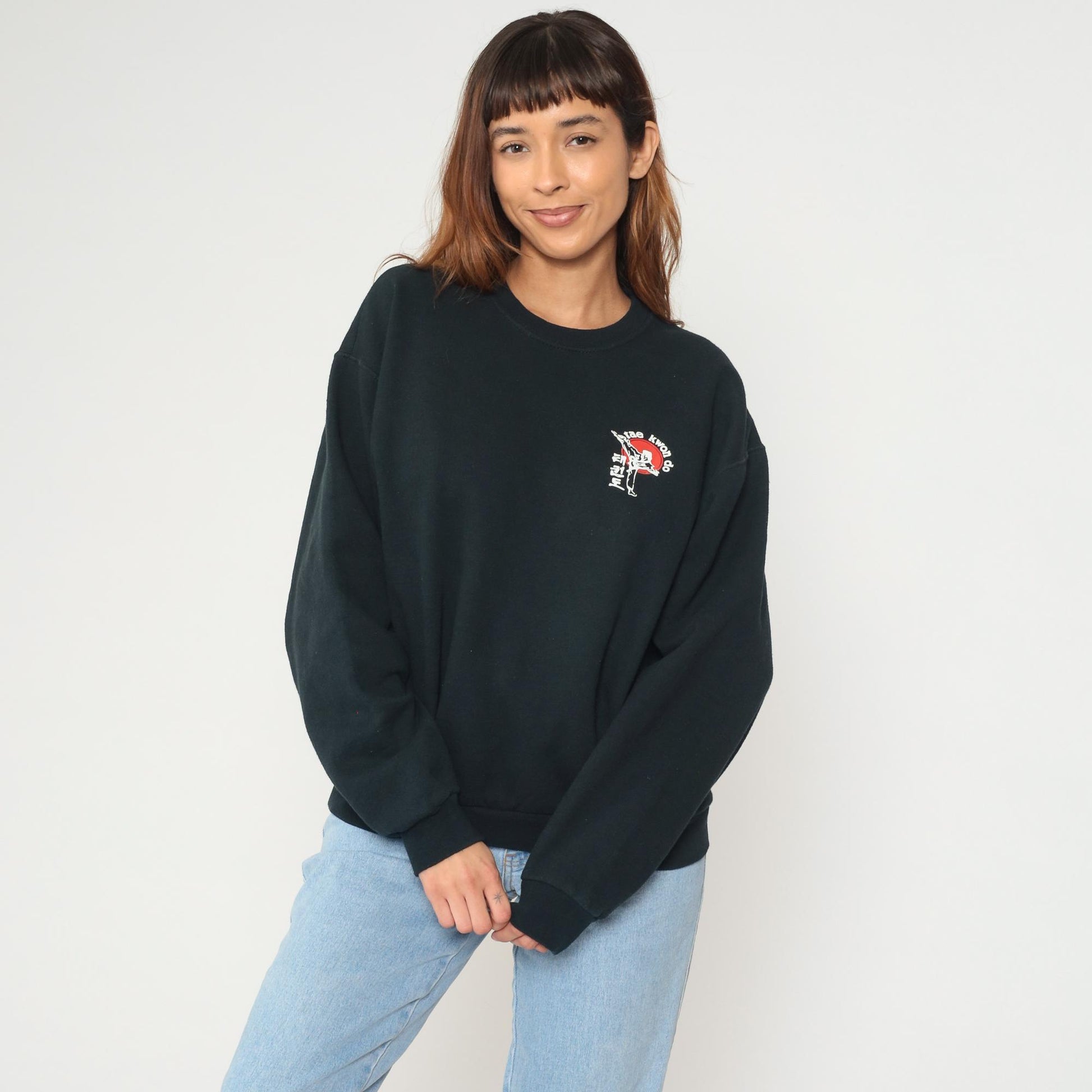 90s Tae Kwon Do Sweatshirt Black Martial Arts Graphic Crew Neck Medium M
