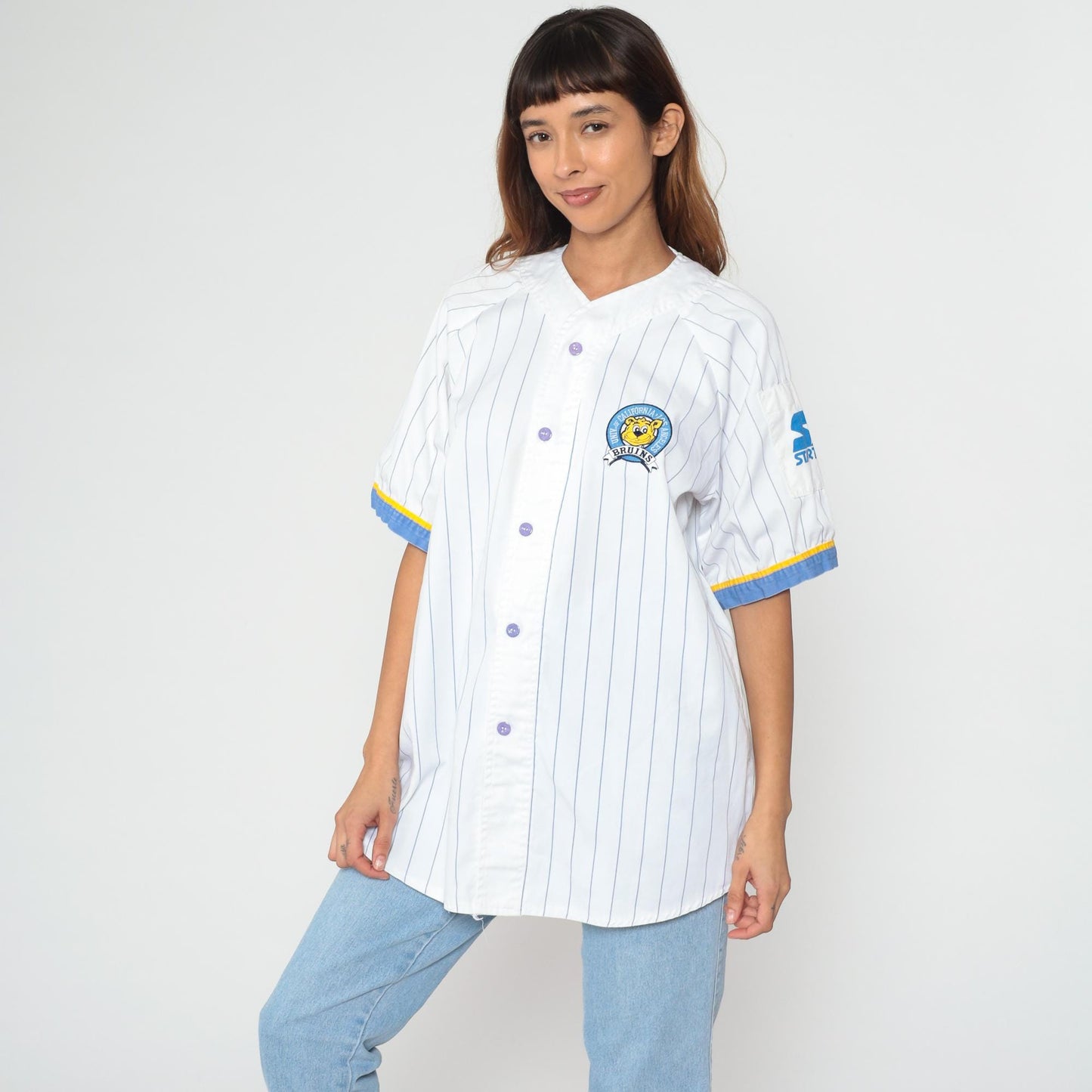 90s UCLA Bruins Baseball Jersey Starter White Pinstripe Button Front Extra Large XL