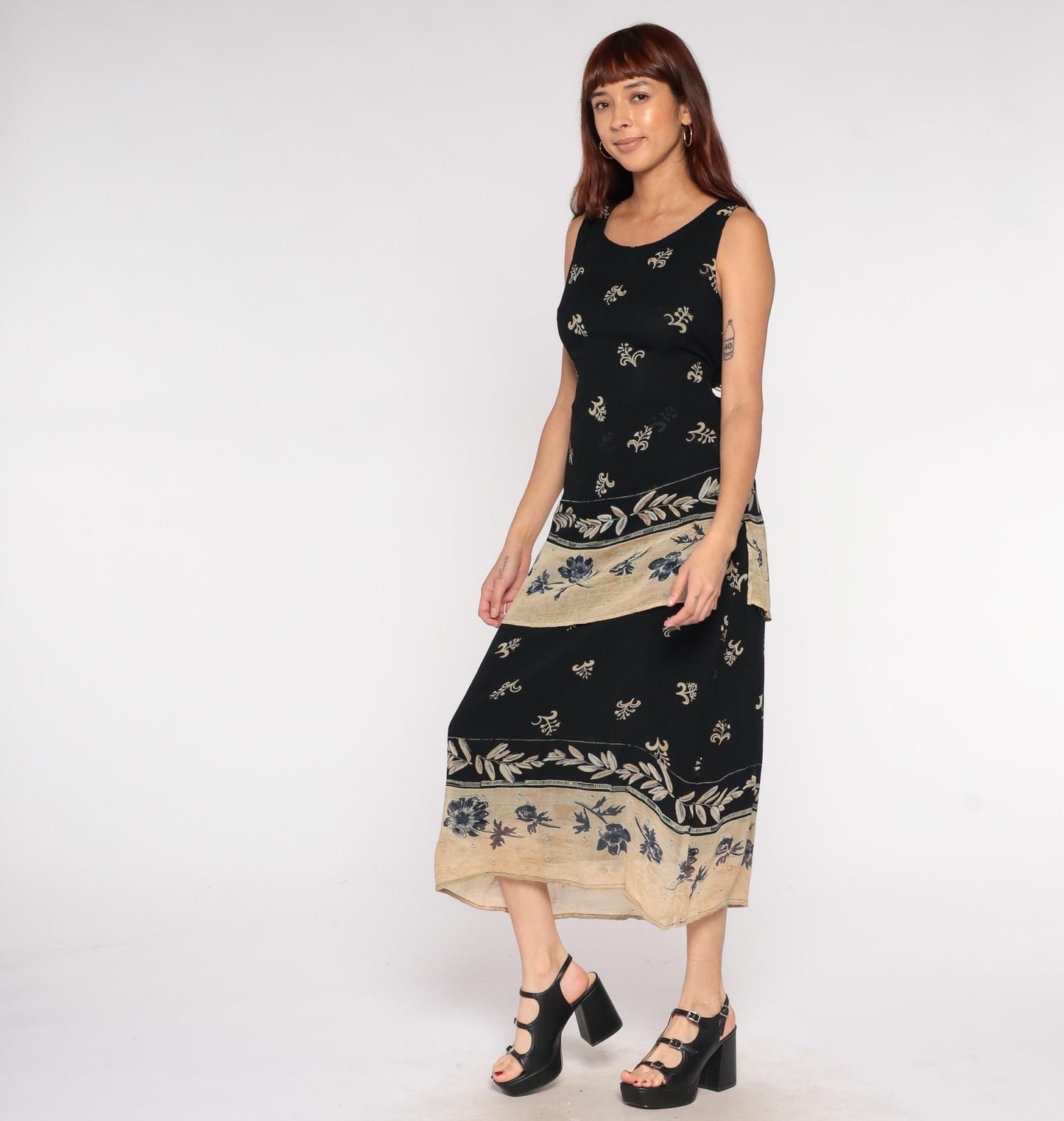 Y2K Bila Black Maxi Dress Tan Floral Border Print Sleeveless Small