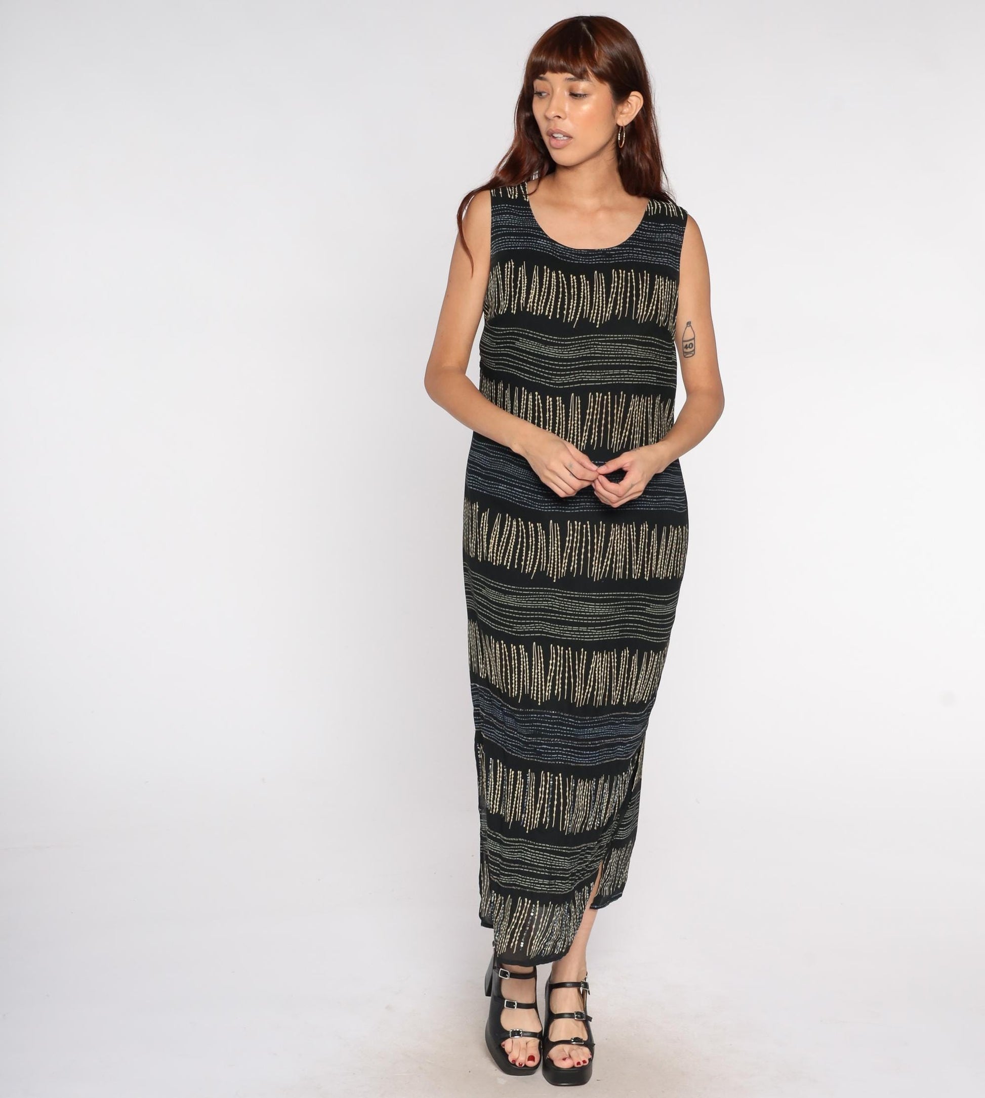 90s Expressions Abstract Stripe Maxi Dress Black Tan Sleeveless Small