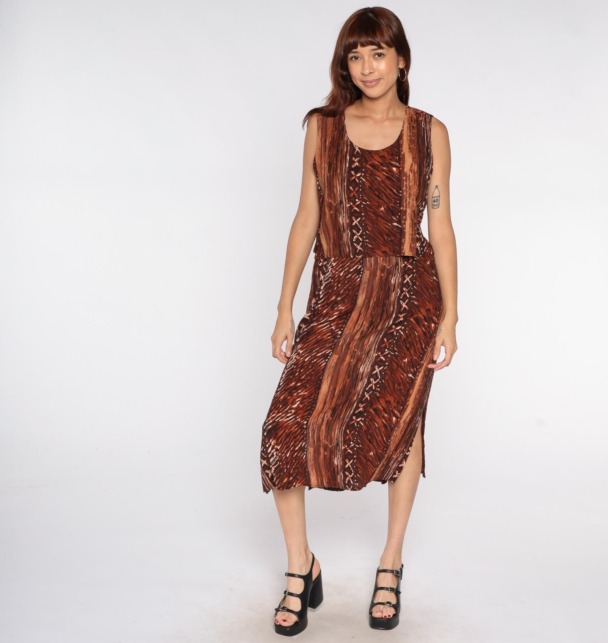 90s Rabbit Designs Batik Midi Dress Brown Tribal Print Rayon Medium