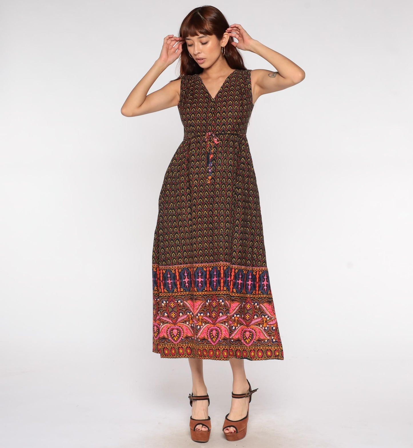 70s BJ's Fashions Honolulu Psychedelic Maxi Dress Cotton V-Neck Small