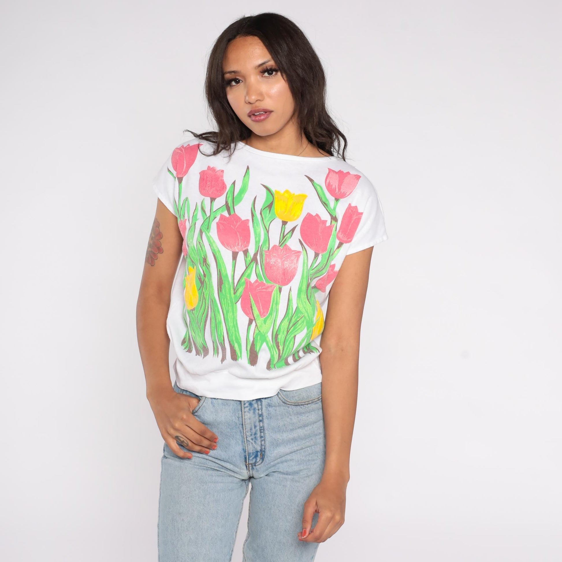 90s White Tulip Floral Cropped Cotton Shirt Small S