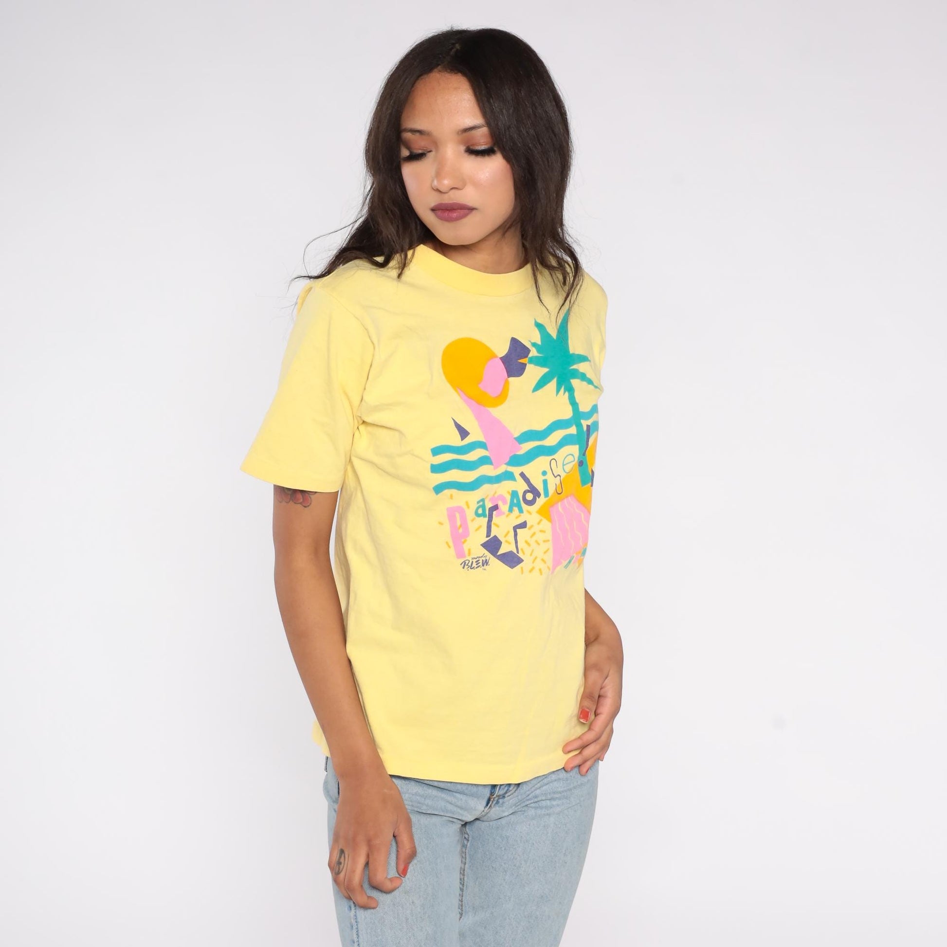90s Champion Paradise Hawaii Graphic Tee Yellow Neon Pink Small