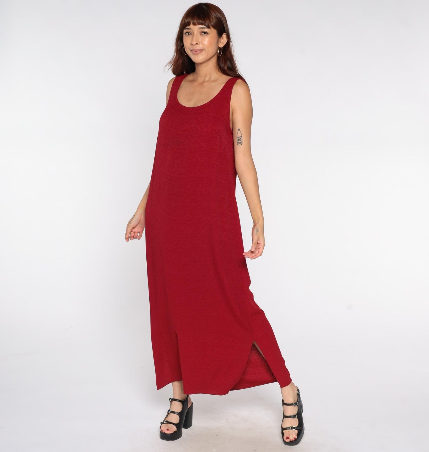 90s Jessica Howard Burgundy Maxi Dress Sleeveless Column Scoop Neck Side Slit Large