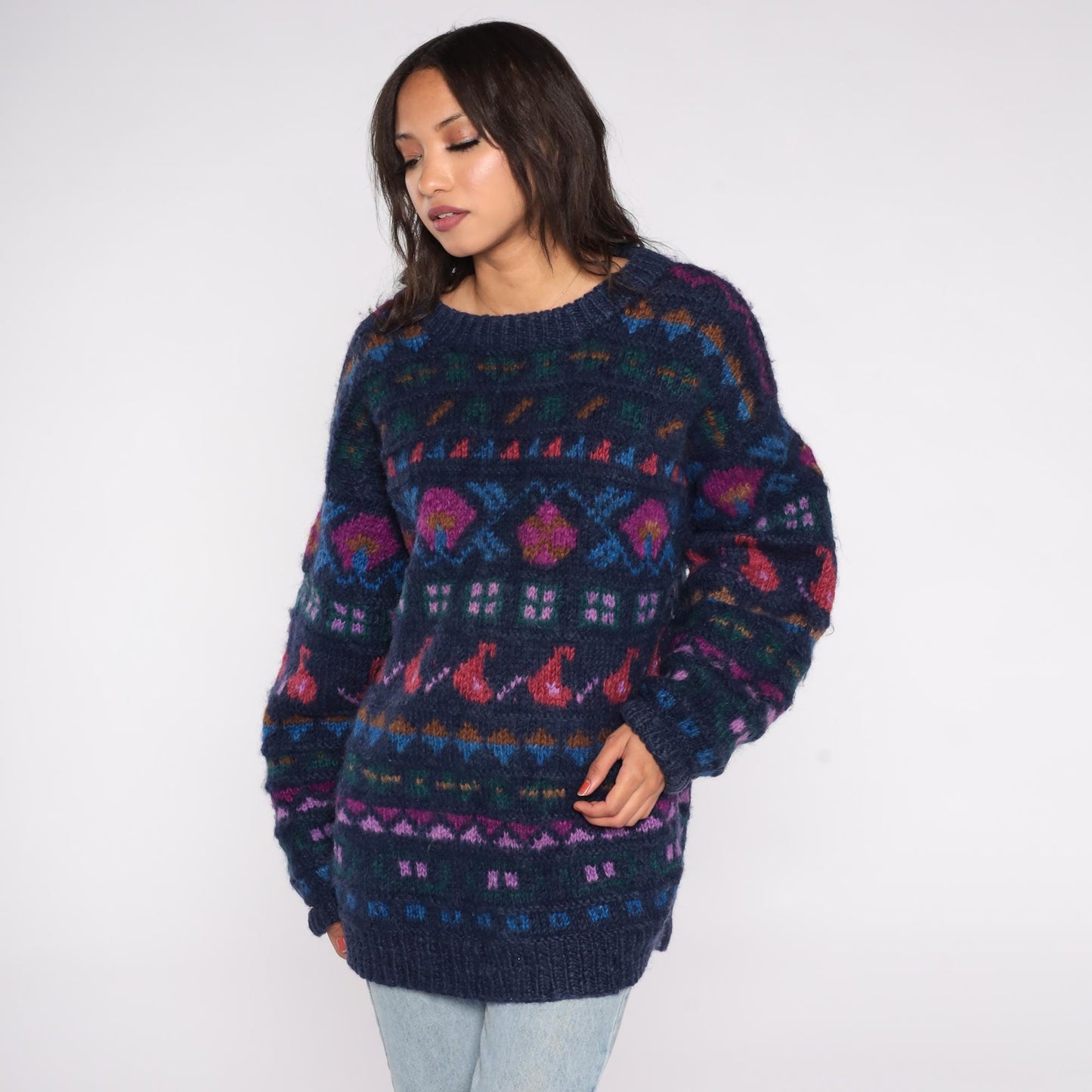 90s Ganesh Himal Hand Knit Wool Sweater Navy Fair Isle Geometric Pullover Extra Large