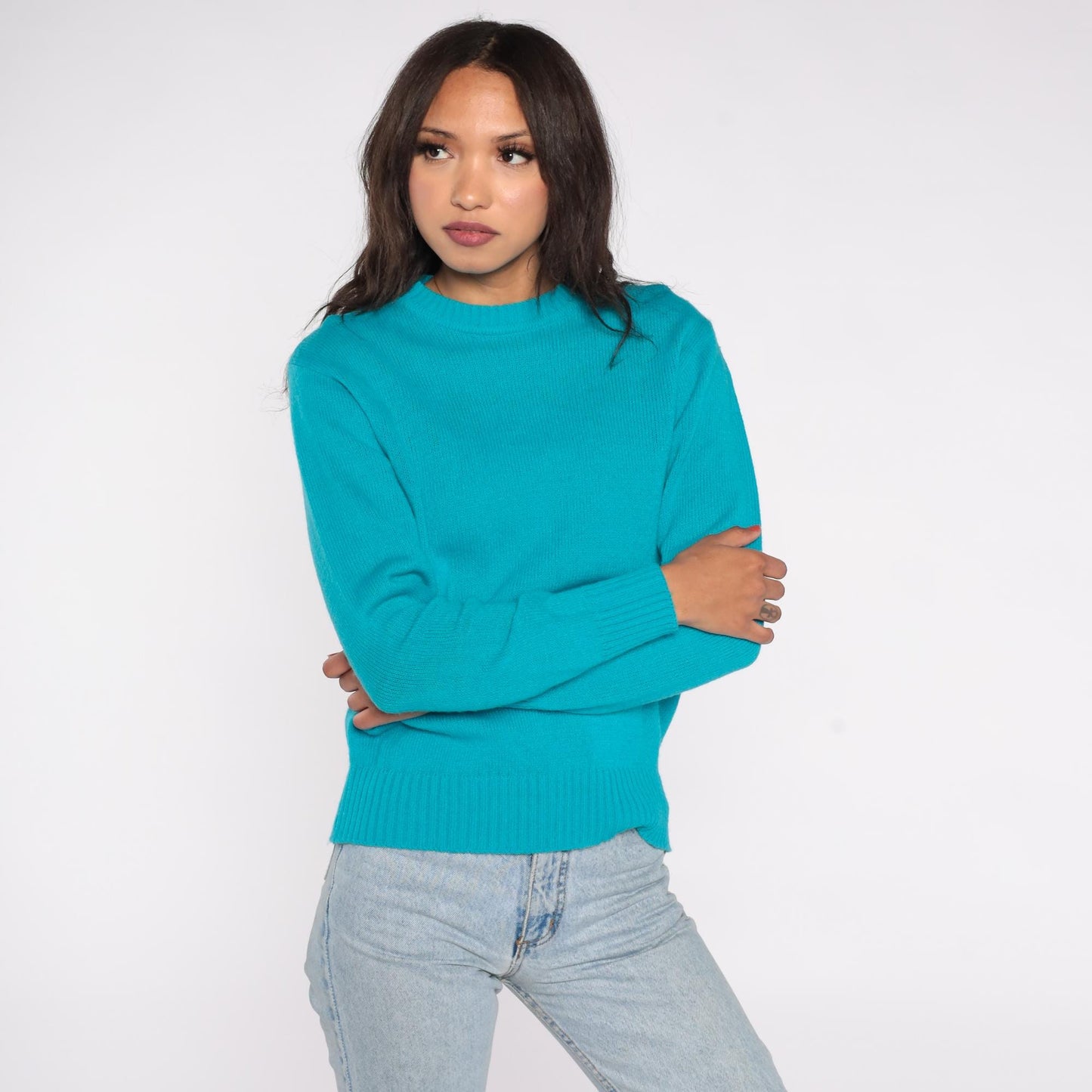 80s Turquoise Acrylic Crew Neck Sweater Knit Pullover Large L