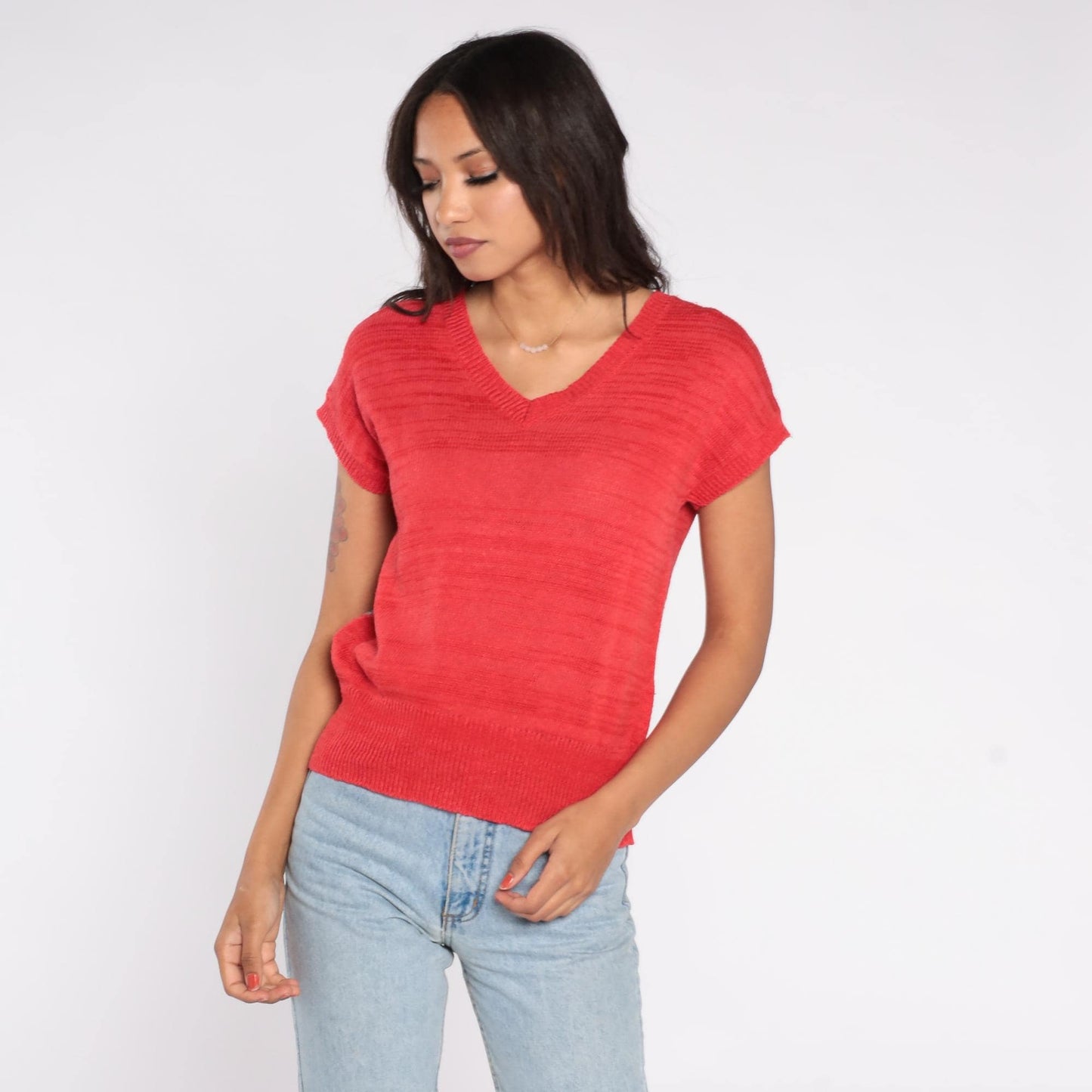 80s Red Knit Top Floral Graphic Open Weave Short Sleeve Small