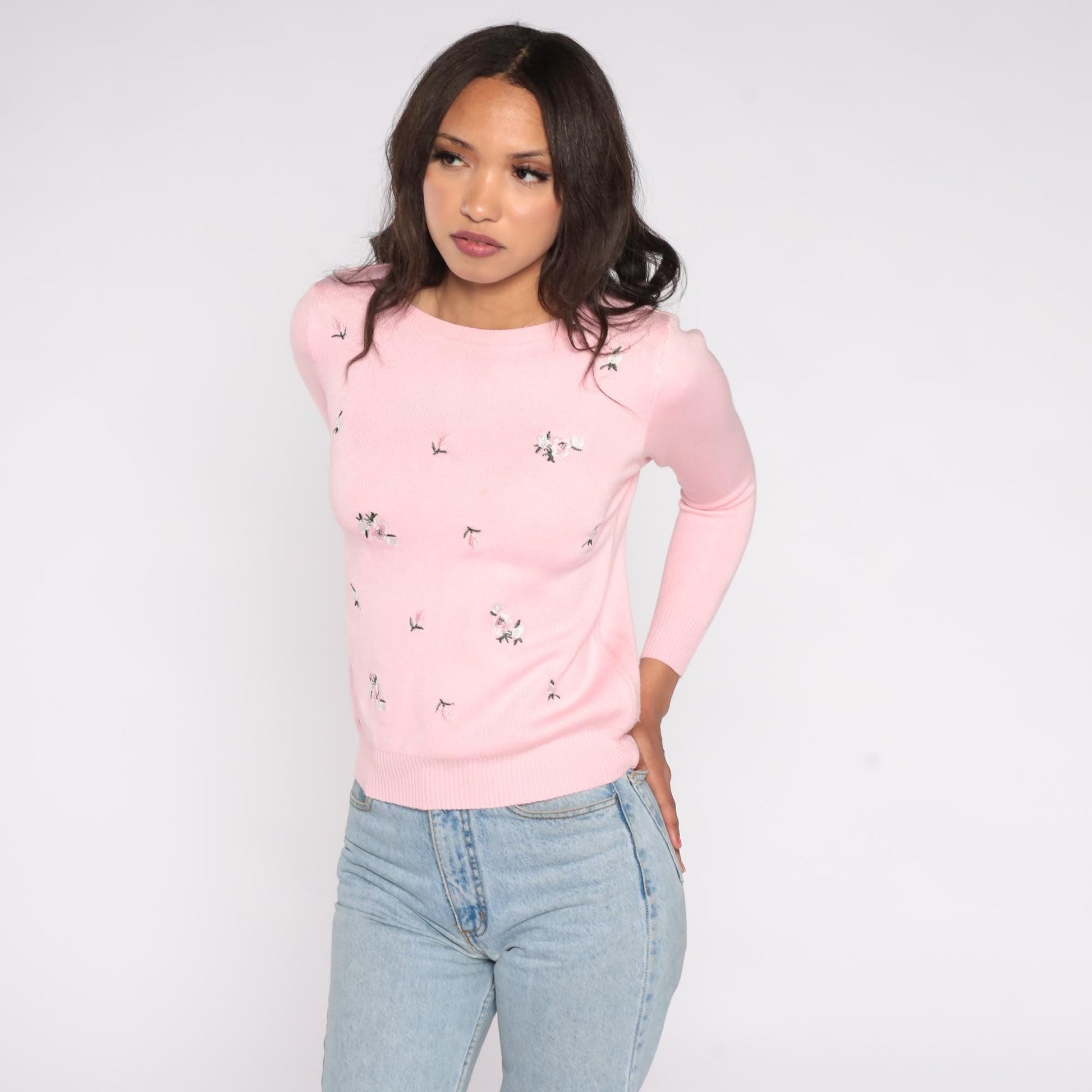 70s Pink Floral Embroidered Knit Sweater Crew Neck Long Sleeve Small S