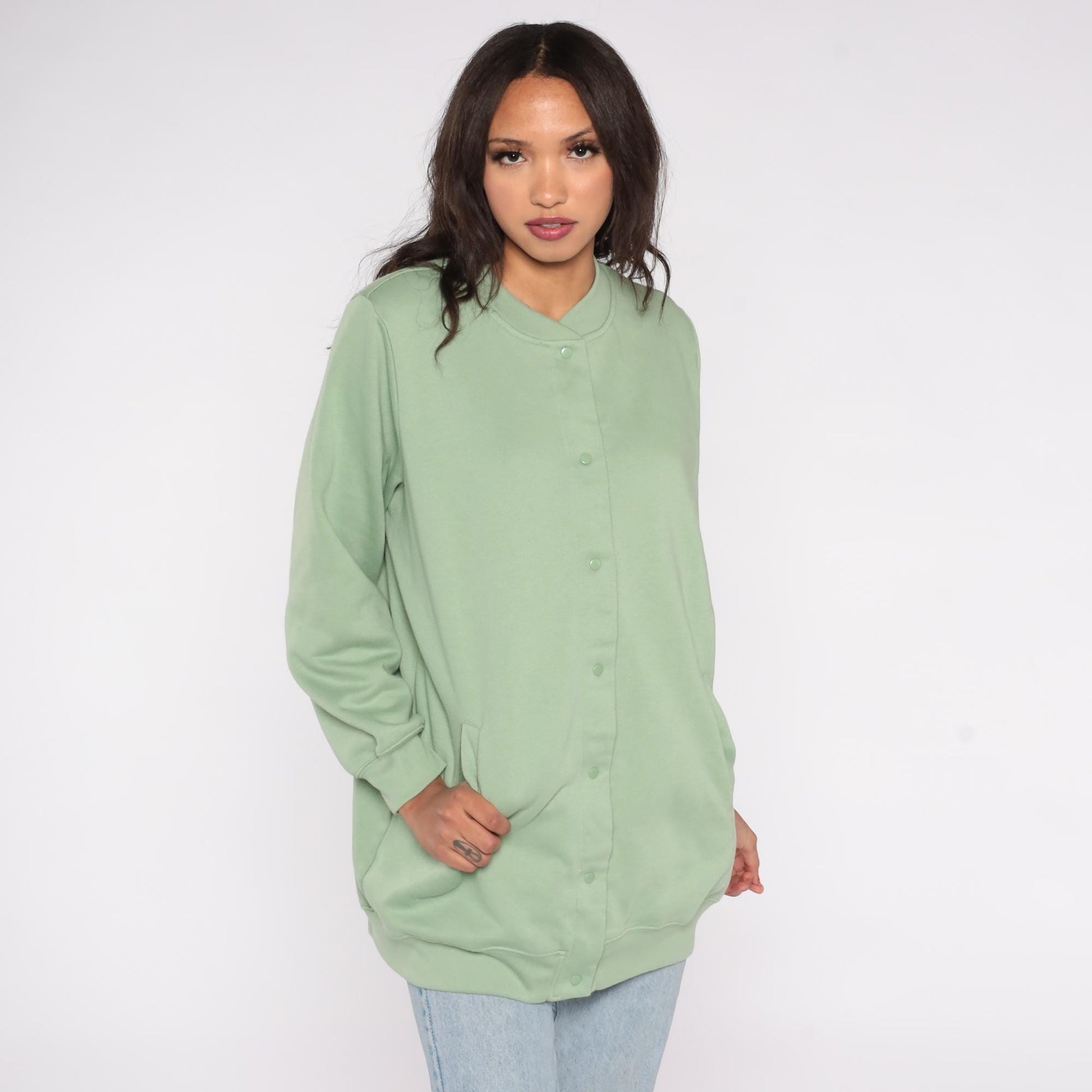 90s Only Necessities Sage Green Snap Button Sweatshirt Jacket Medium M