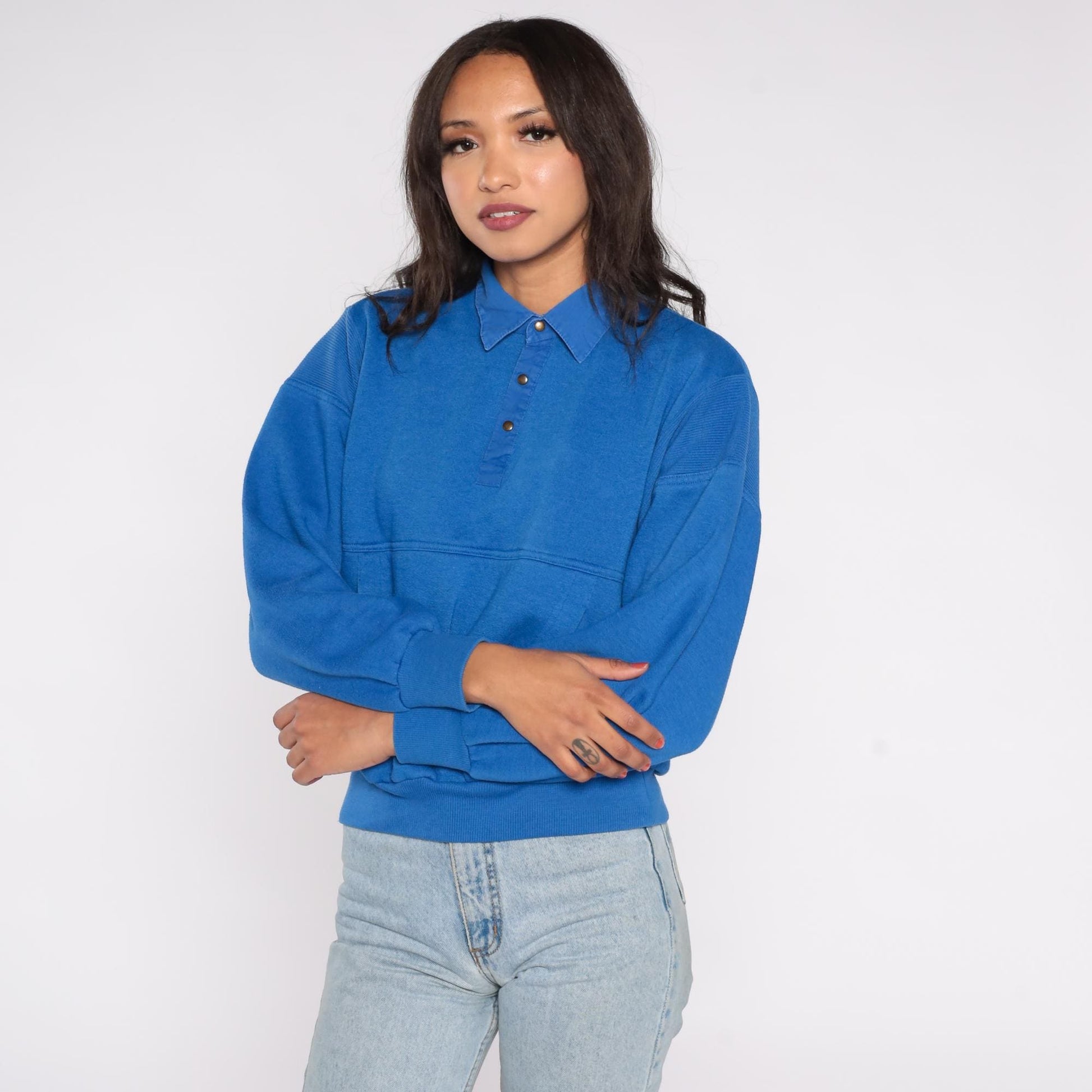 90s Trader Bay Blue Polo Sweatshirt Snap Front Fleece Lined Small S