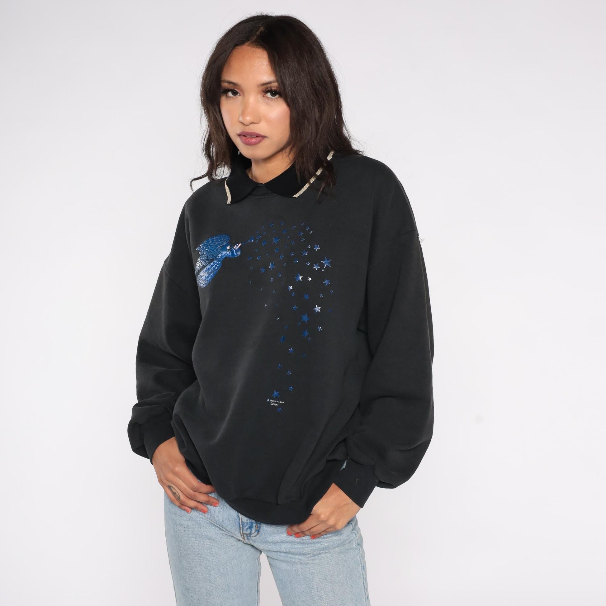 90s Morning Sun Angel Celestial Sweatshirt Black Blue Graphic Cotton Plus 1X