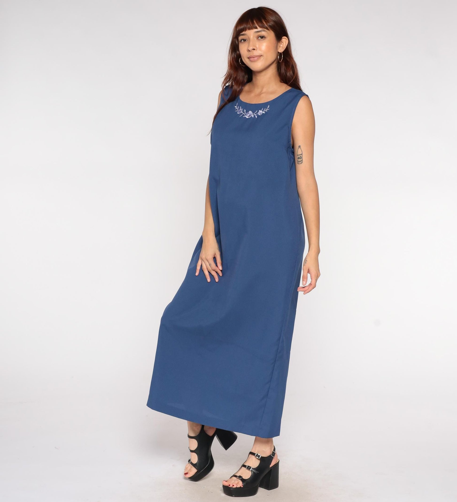 90s BFA Classics Navy Maxi Dress Embroidered Floral Neckline Sleeveless Extra Large XL