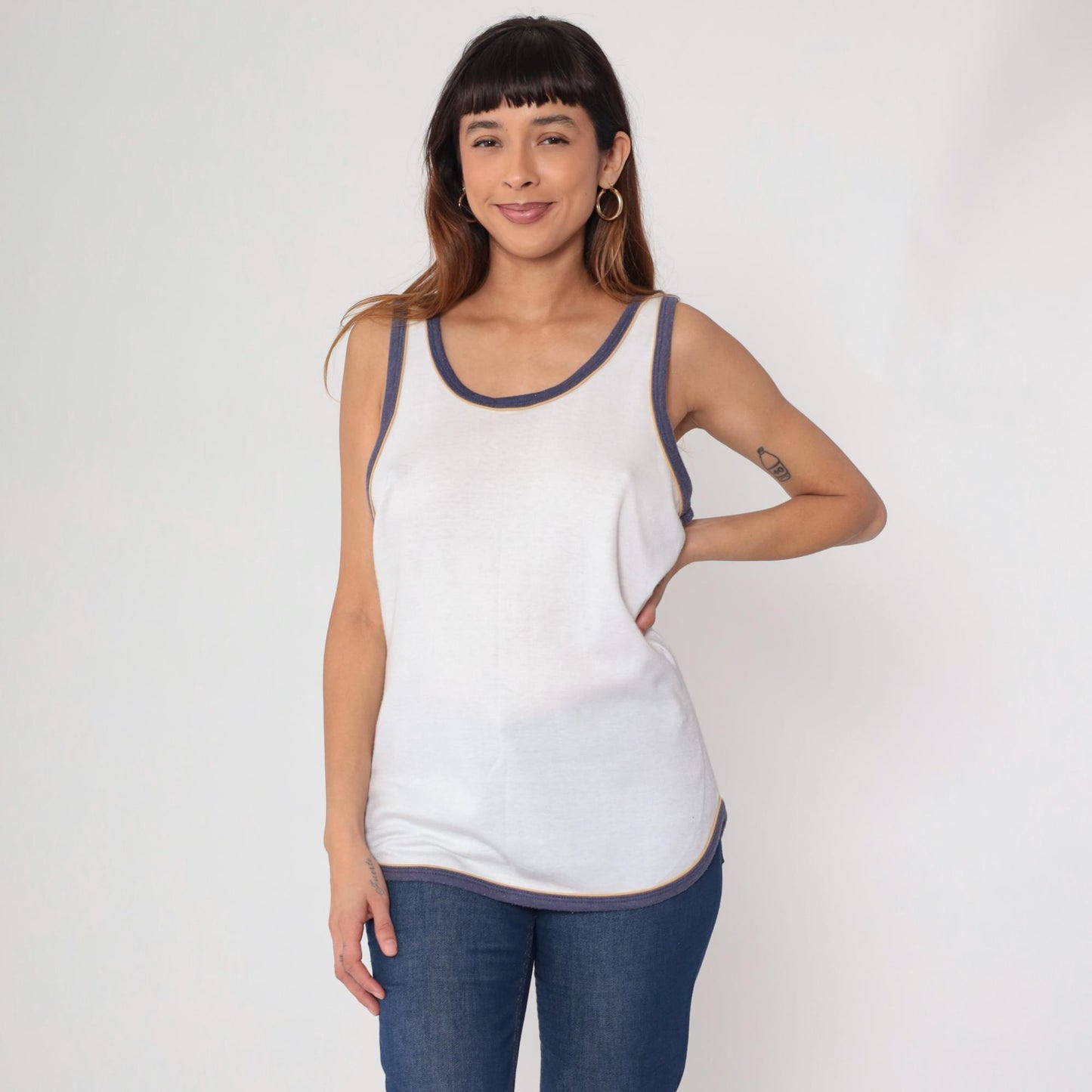 80s Laguna White Cotton Tank Top Navy Ringer Trim Scoop Neck Large L