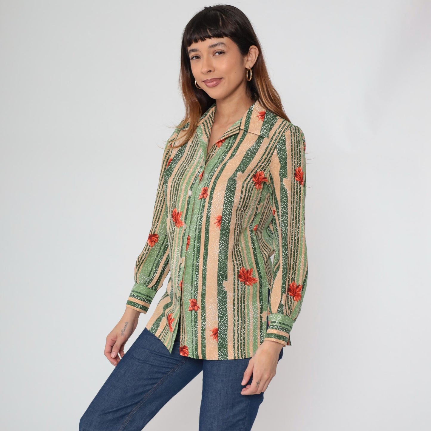 70s Pykettes Maple Leaf Striped Button-Up Blouse Green Peach Medium M