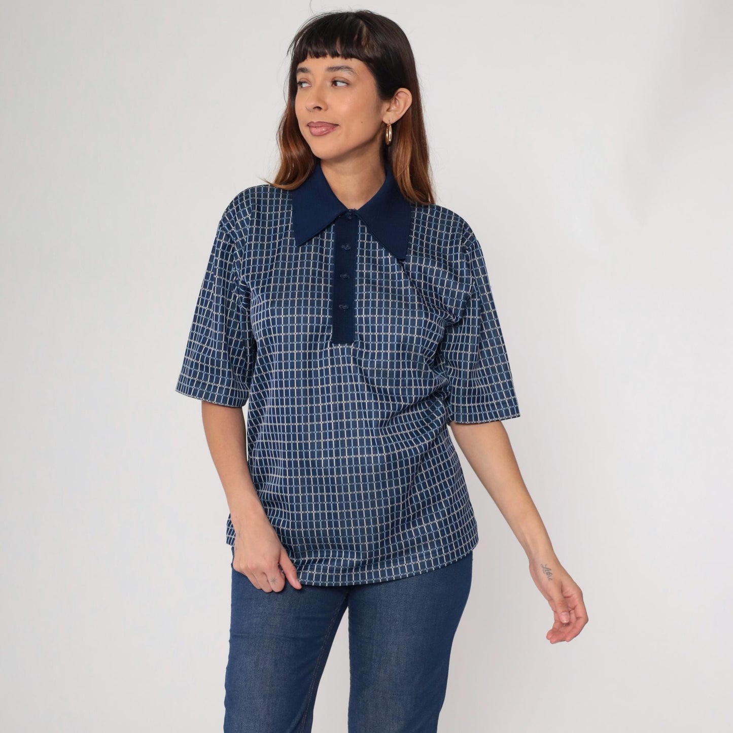 70s Leonardo Strassi Navy Grid Pattern Polo Shirt Short Sleeve Large L