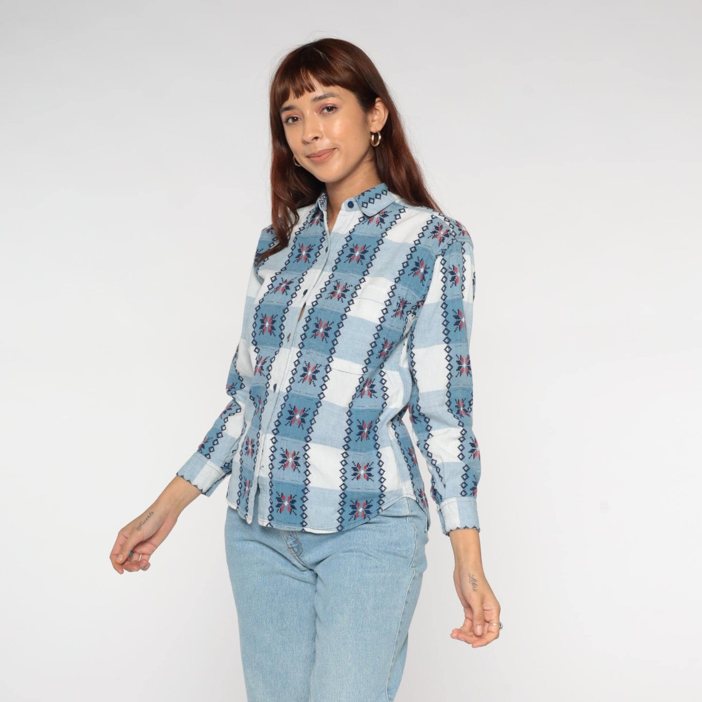 90s Keren Hart Southwestern Plaid Button Up Shirt Blue White Small S
