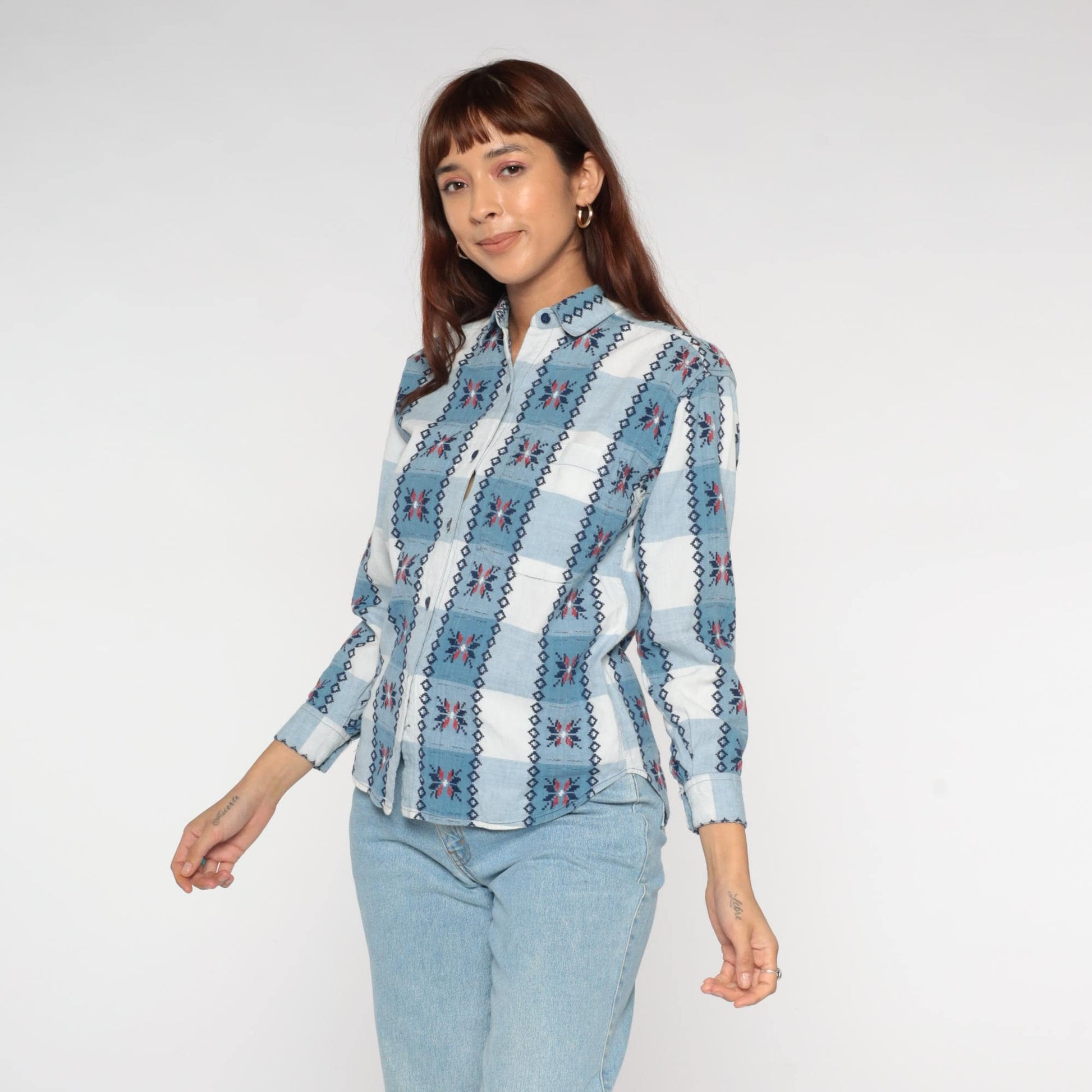 90s Keren Hart Southwestern Plaid Button Up Shirt Blue White Small S
