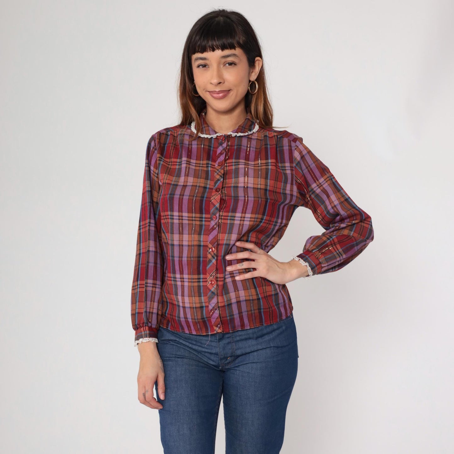70s Burgundy Plaid Blouse Lace Collar Long Sleeve Prairie Shirt Medium