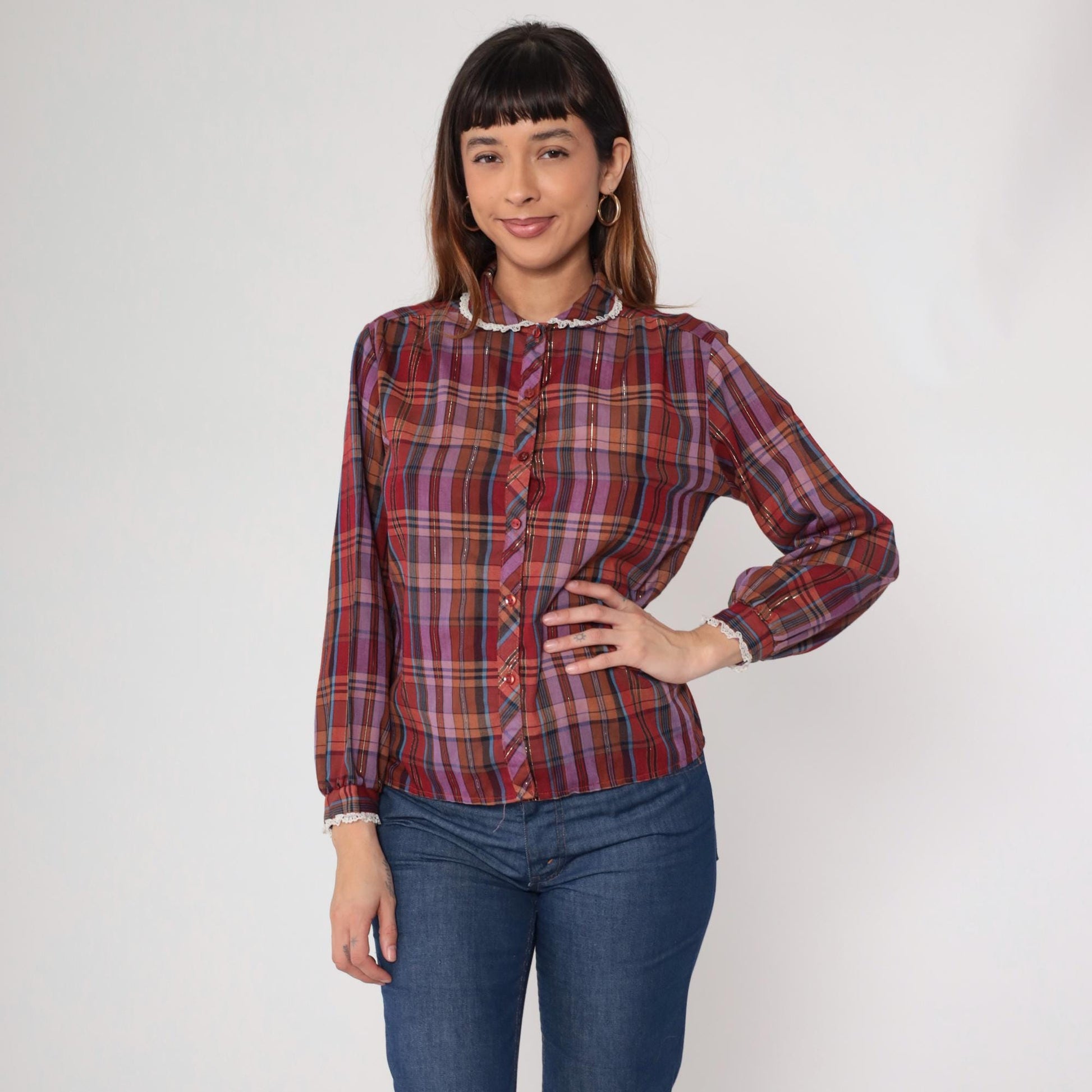 70s Burgundy Plaid Blouse Lace Collar Long Sleeve Prairie Shirt Medium