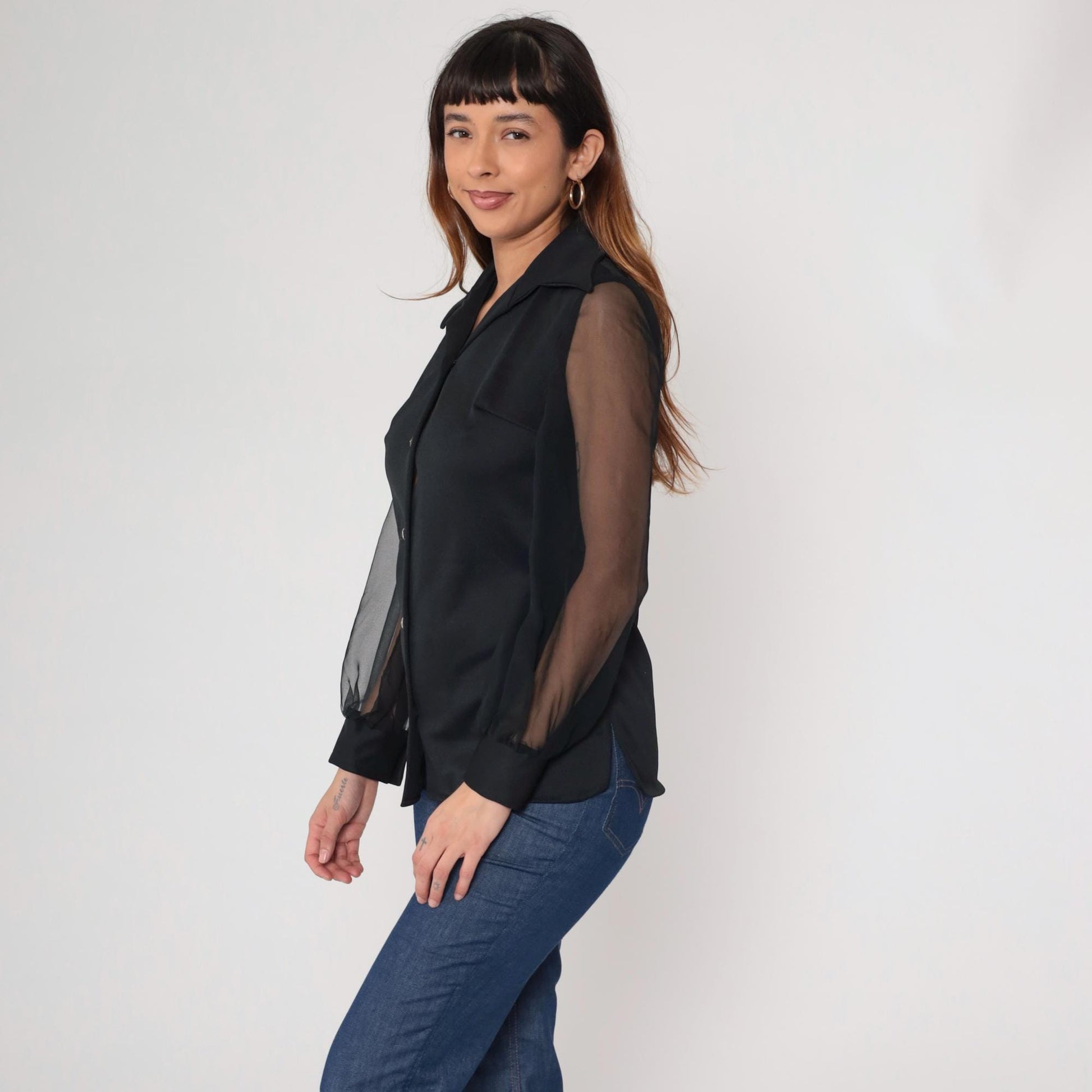 70s George Original California Black Chiffon Blouse Pointed Collar Long Sleeve Small