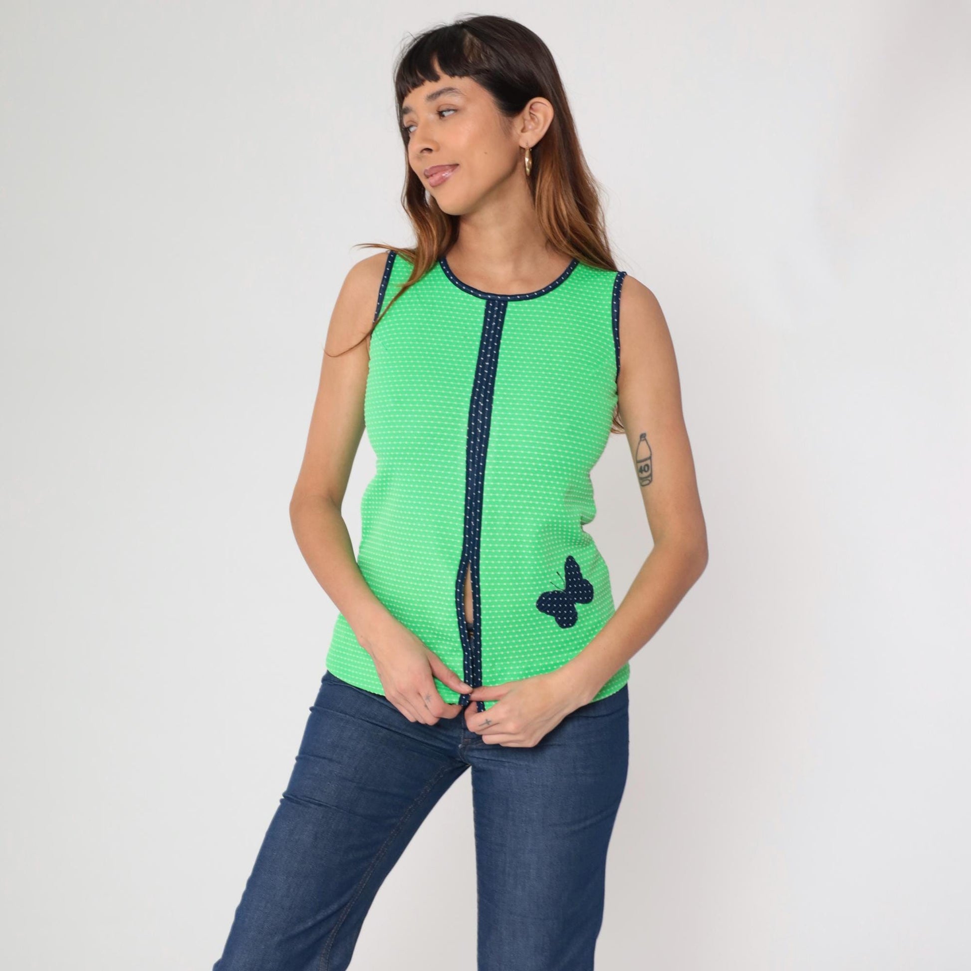 70s Green Butterfly Sleeveless Tank Top Polka Dot Knit Navy Trim Extra Small XS