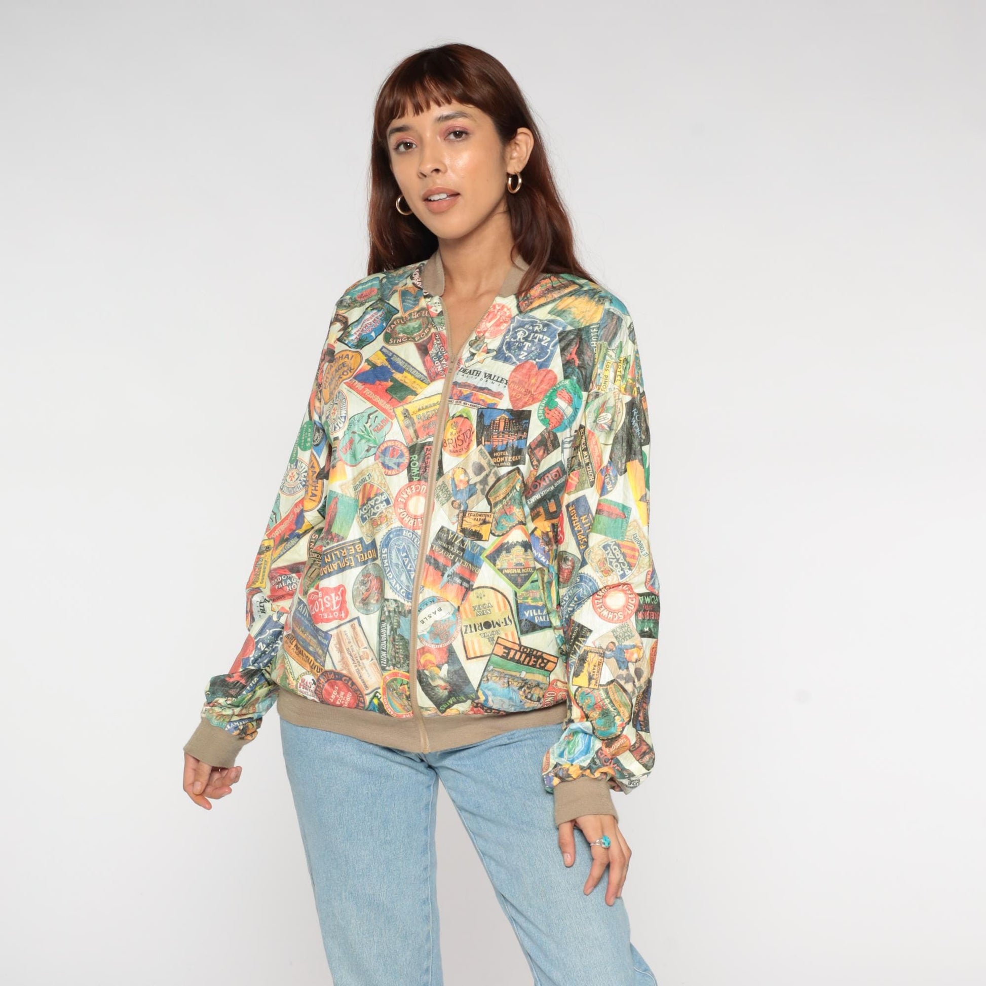 90s Travel Hotel Label Bomber Jacket Multicolor Graphic Medium Large