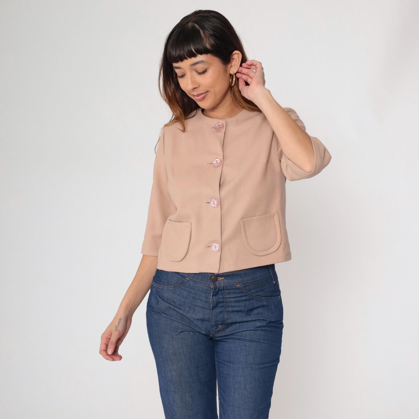 60s Beige Wool Cropped Jacket Pink Buttons Round Neck Short Sleeve Small S