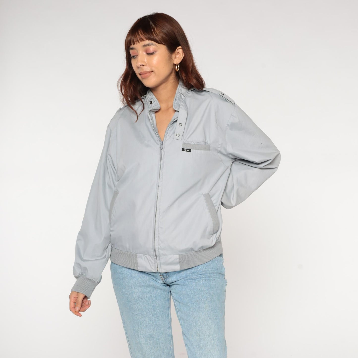 80s Rene De France Light Gray Bomber Jacket Epaulettes Large L