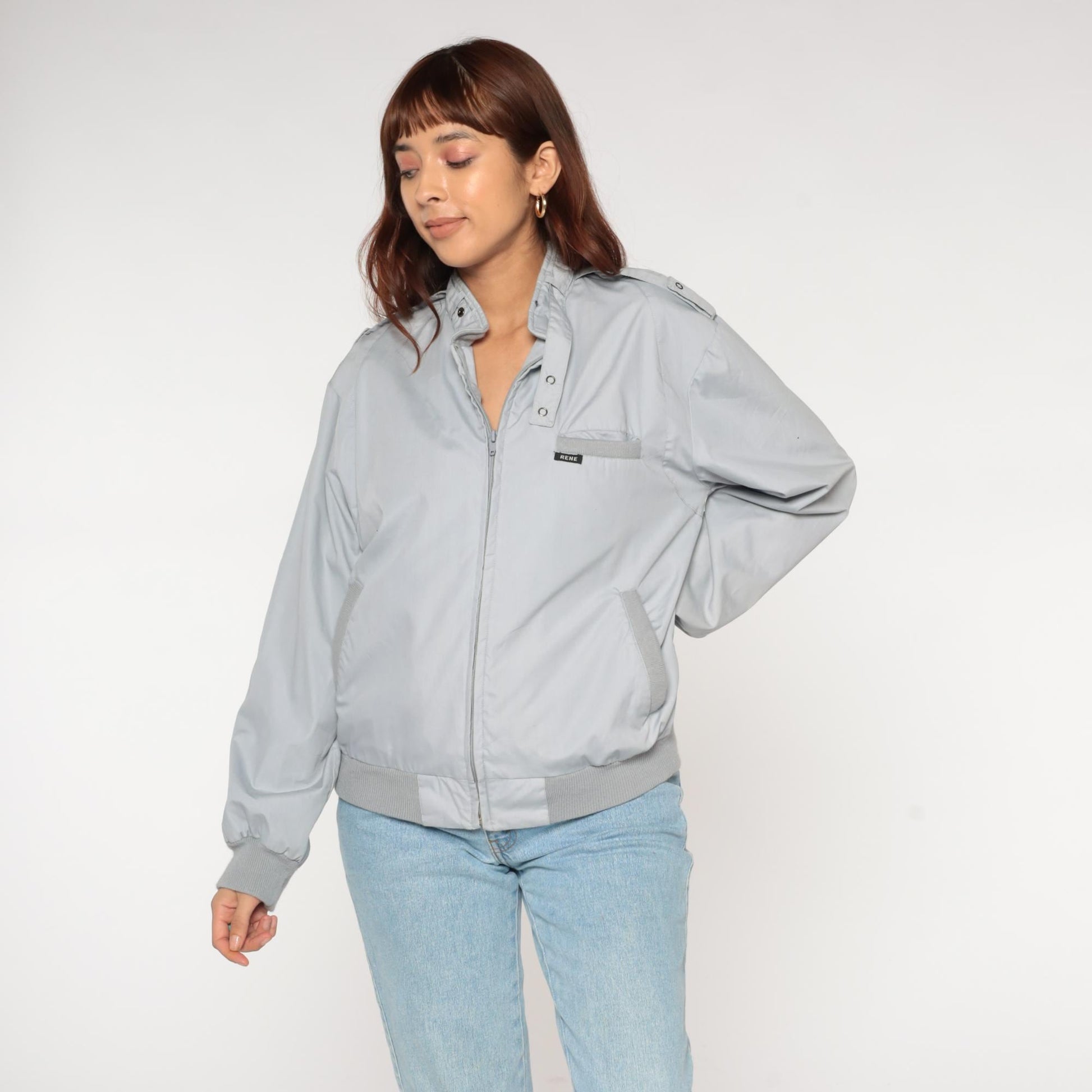80s Rene De France Light Gray Bomber Jacket Epaulettes Large L