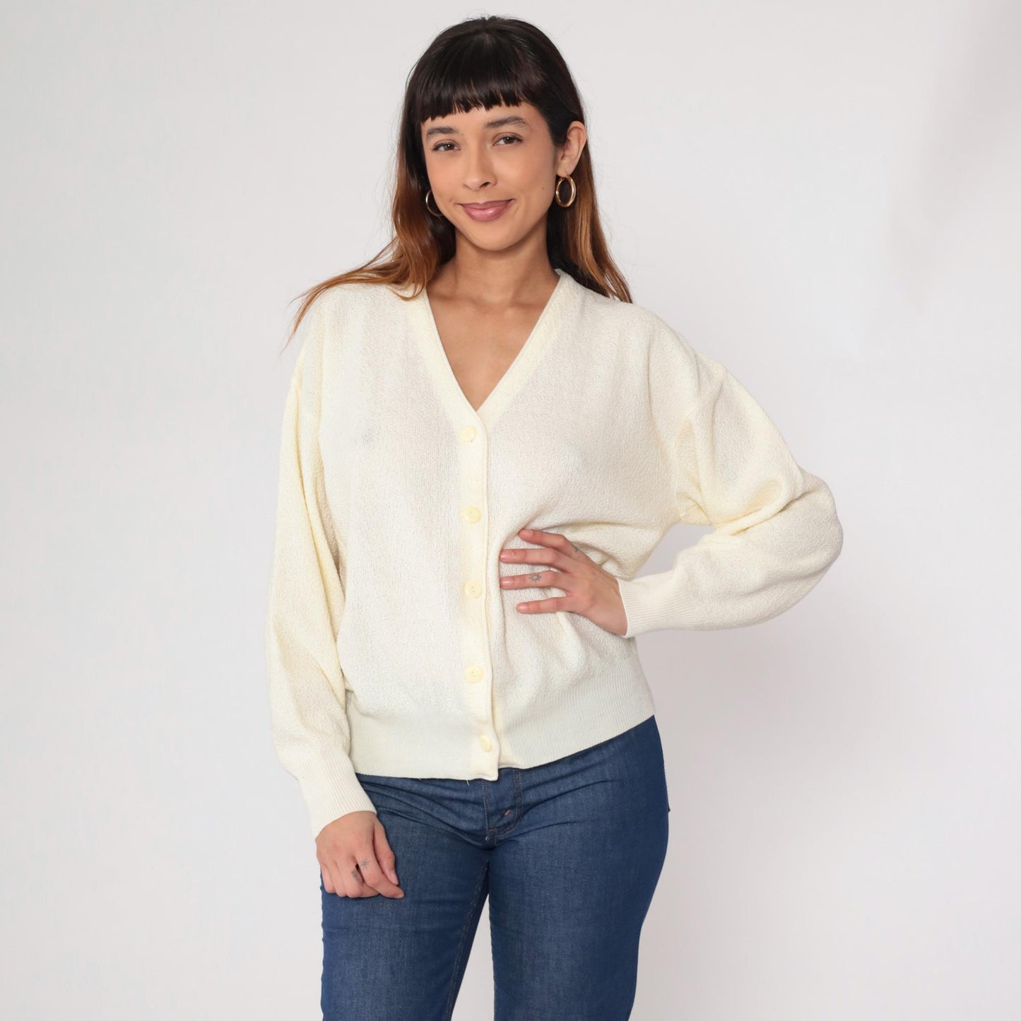 70s Cream Cardigan Button Front V Neck Long Sleeve Knit Medium Large
