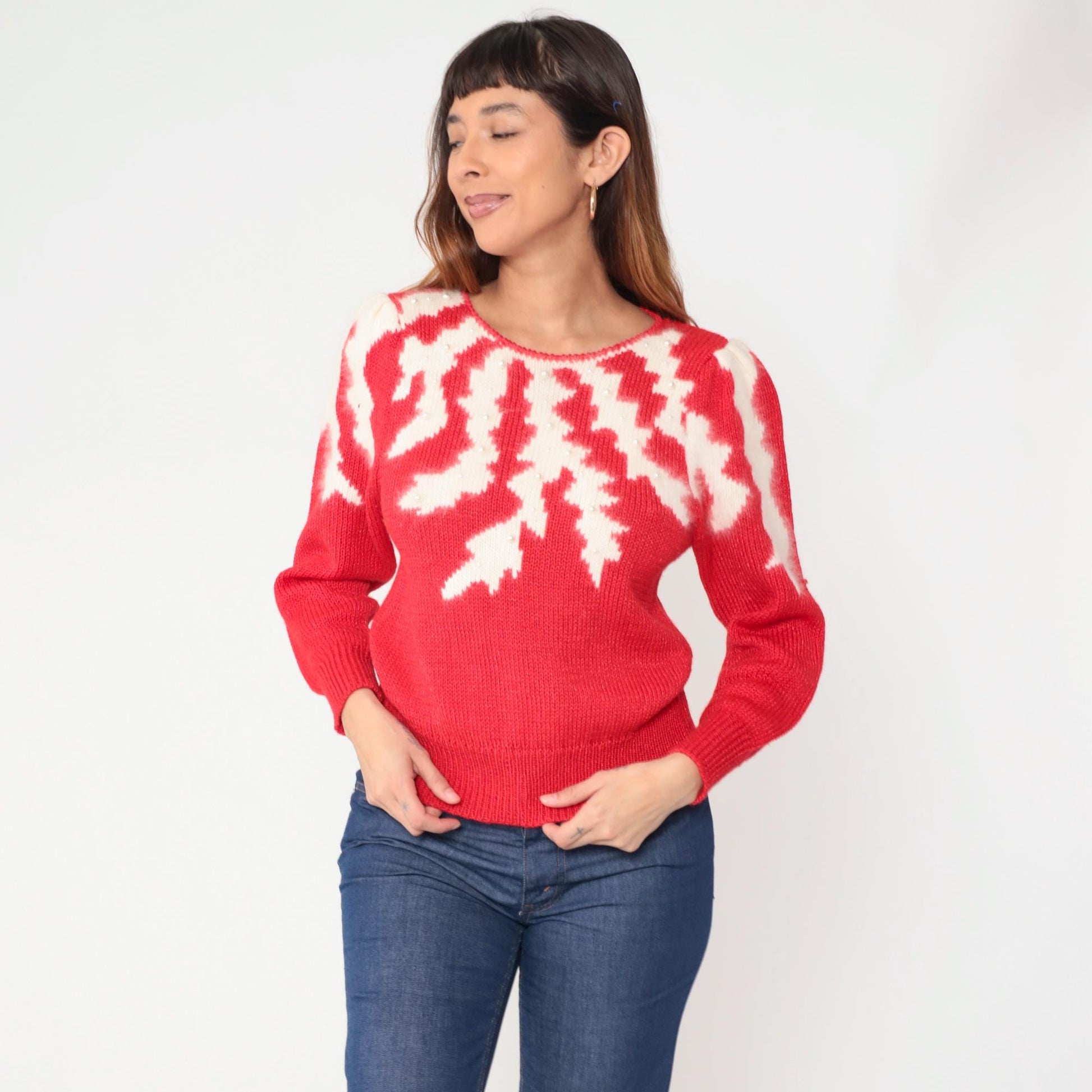 80s Petite Illustrations Red Knit Sweater Pearl Snowflake Puff Shoulder Small