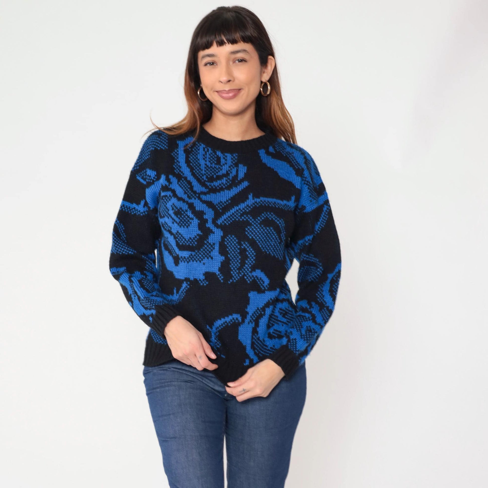 80s Basic Outlook Floral Knit Sweater Blue Black Rose Pattern Crew Neck Medium M