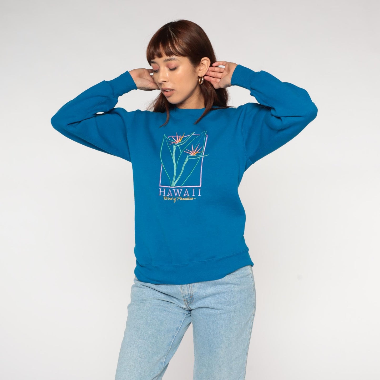 90s Crazy Shirt Bird Of Paradise Hawaii Embroidered Sweatshirt Teal Small