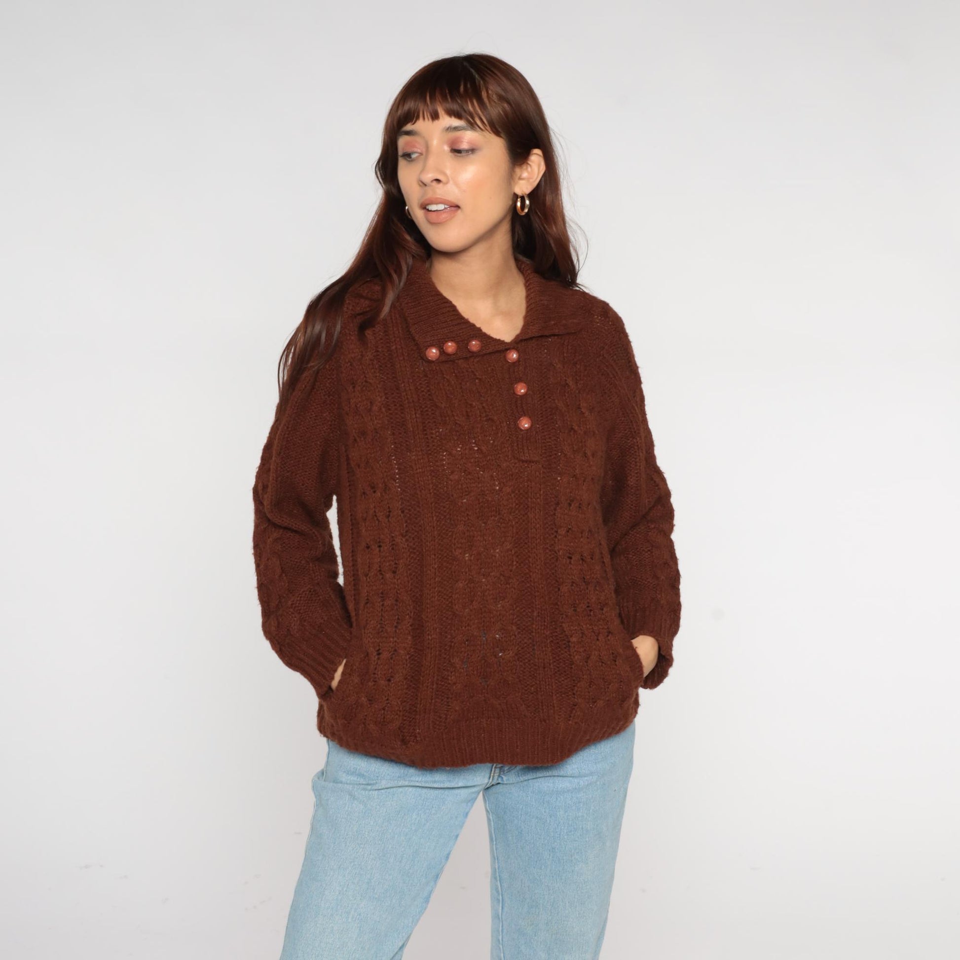 70s Rochelle California Brown Cable Knit Sweater Collared Medium M