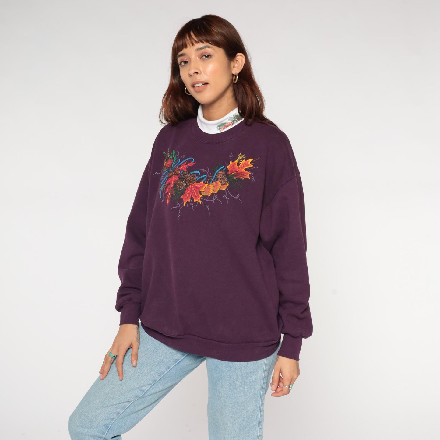 90s Jerzees Purple Autumn Sweatshirt Maple Leaf Pinecone Graphic Extra Large XL