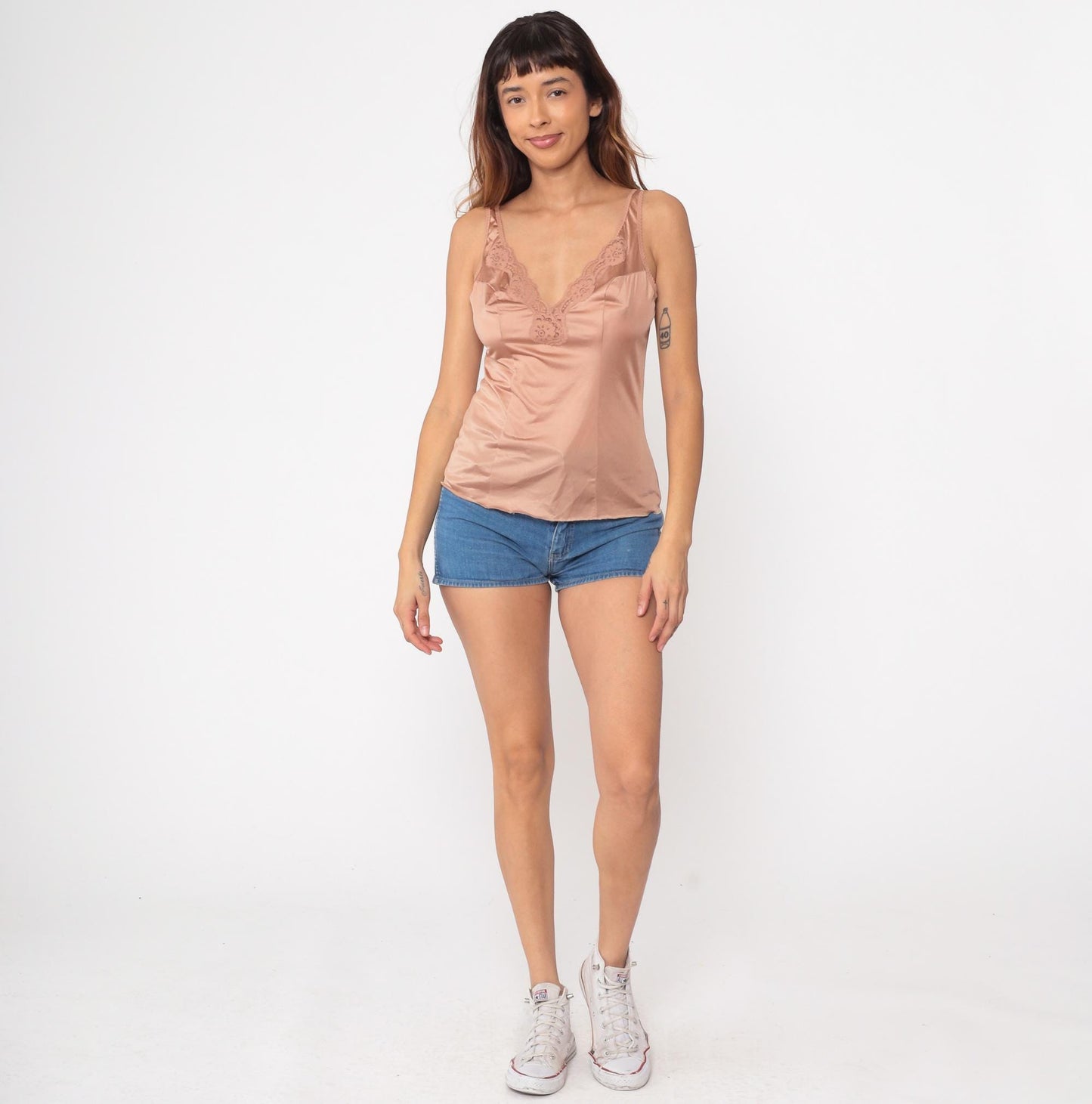 80s Beige Satin Camisole Lace Trim V-Neck Lingerie Tank Small