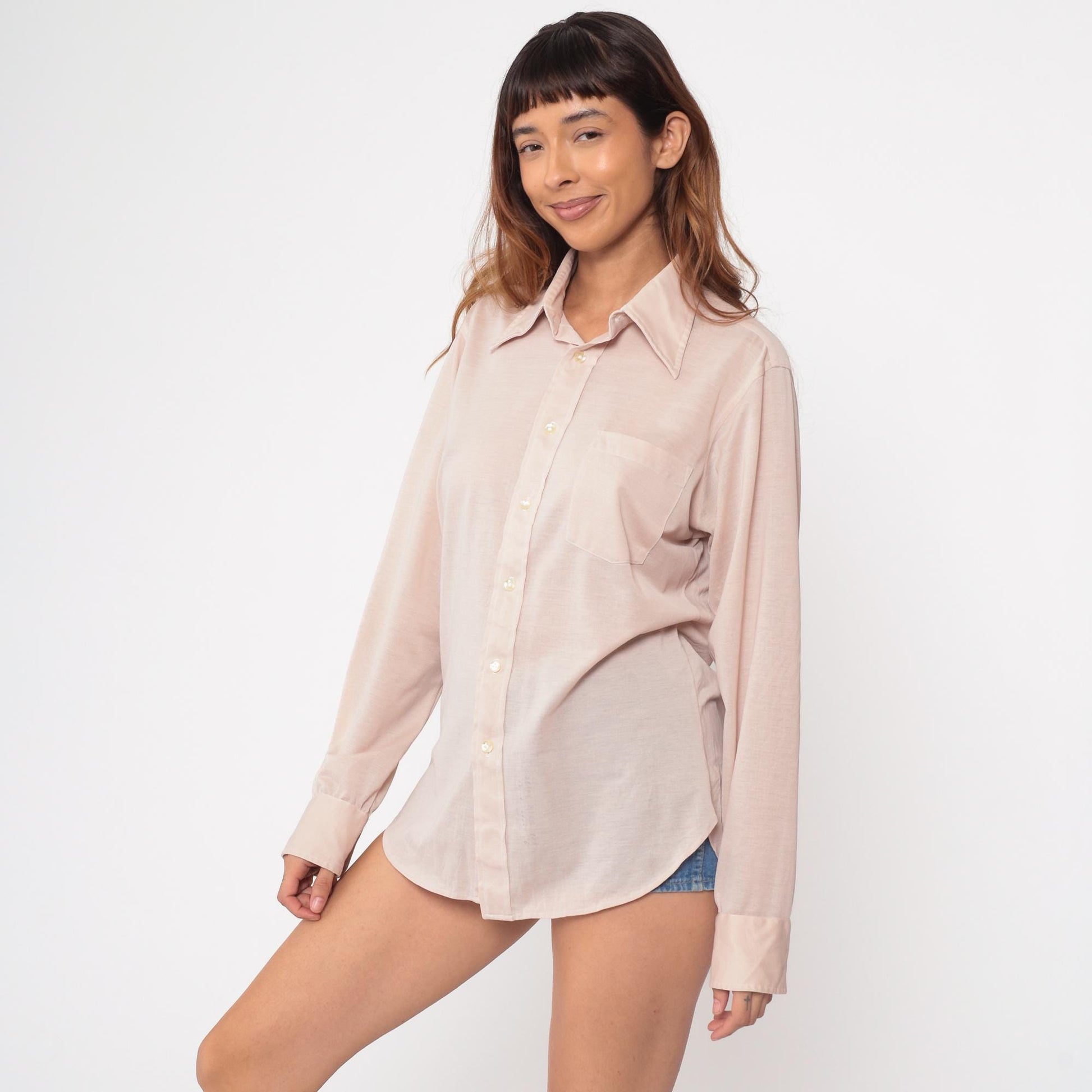 70s I Magnin Tan Button Up Shirt Pointed Collar Long Sleeve Medium M