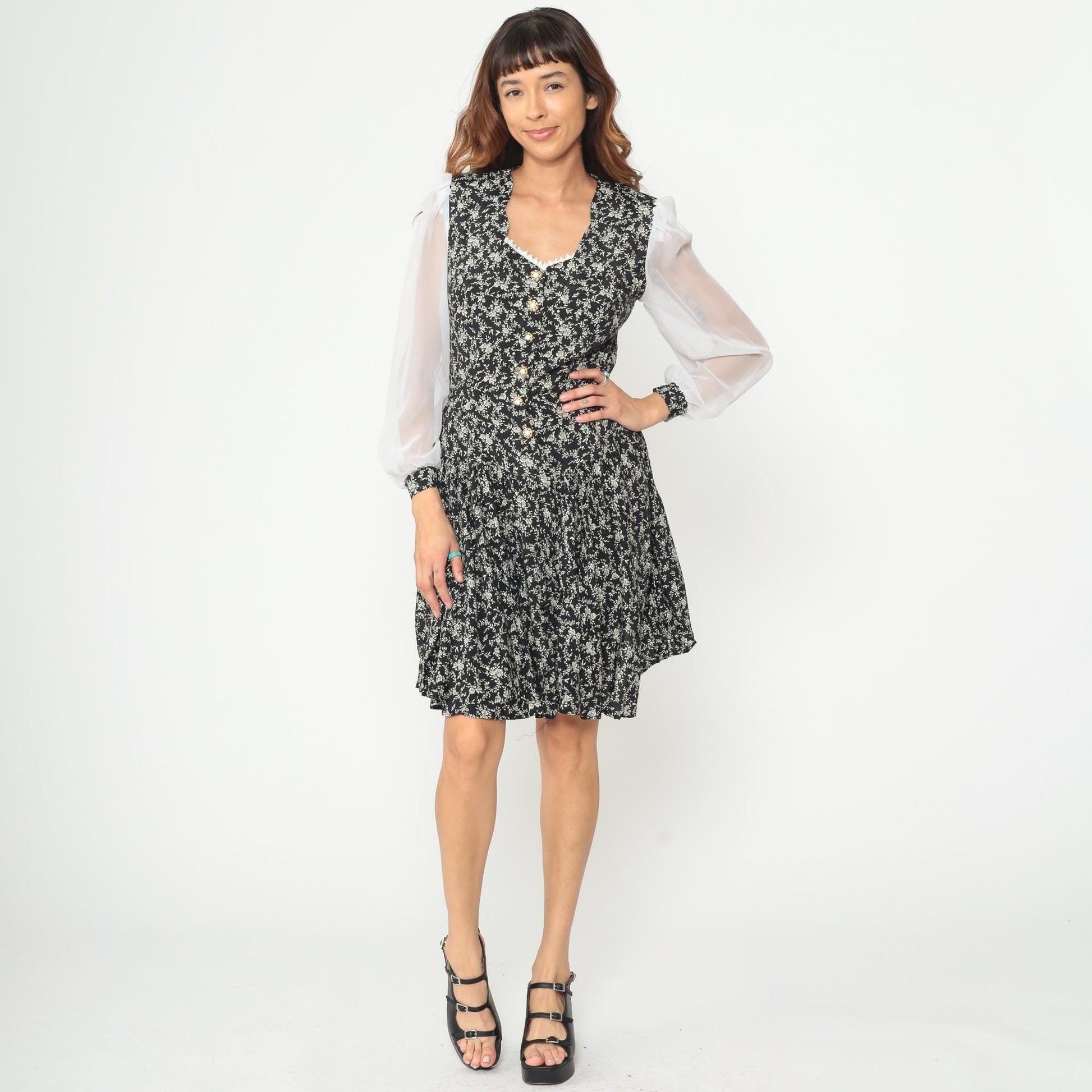 90s Timing Black Floral Dress White Contrast Sleeves Pearl Buttons Knee Length Medium M