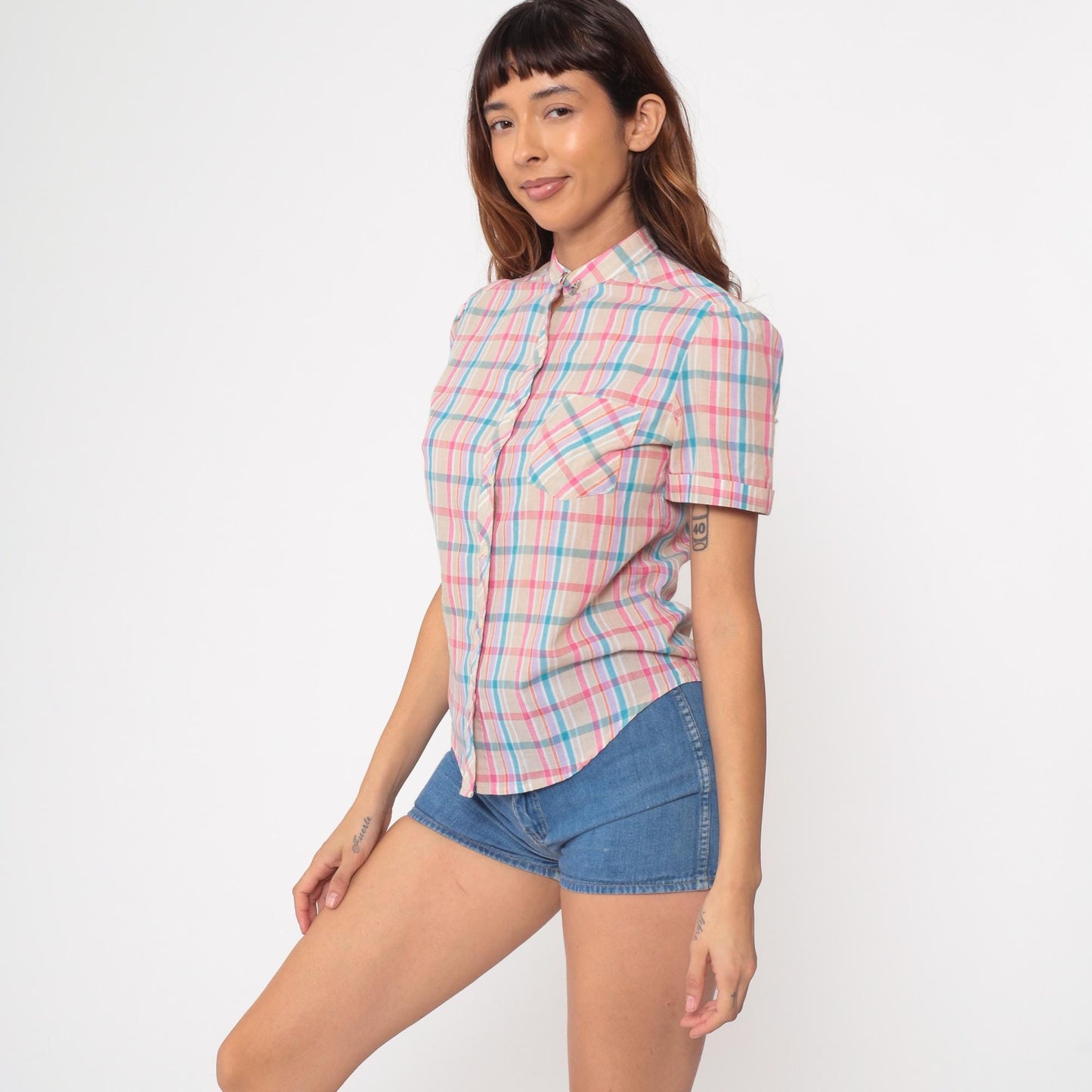 80s Ship n Shore Tan Checkered Button Up Blouse Pink Purple Blue Small S