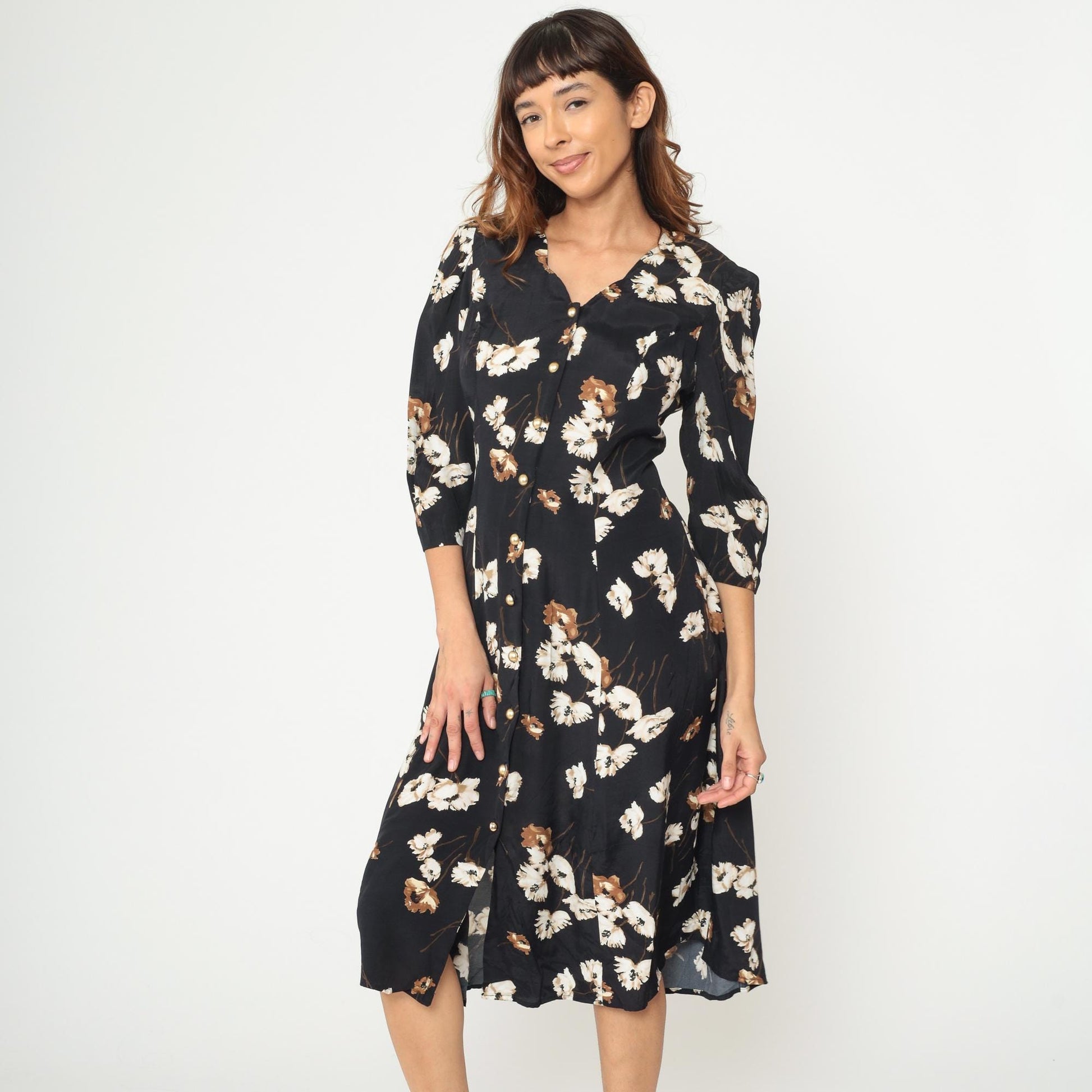90s Caroline Wells Black Floral Midi Dress Pearl Buttons Lace-Up Back Medium