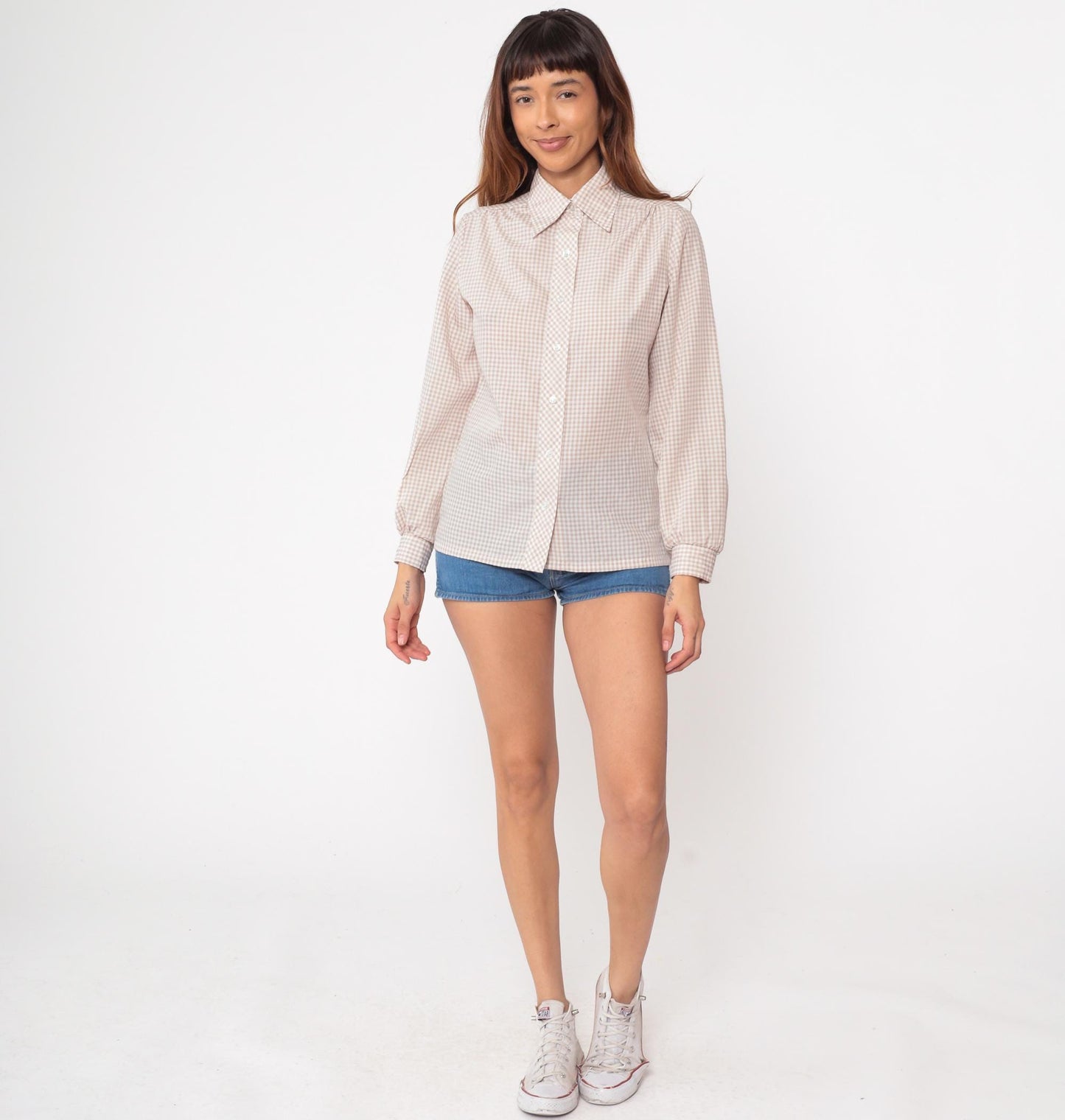 70s Gingham Check Blouse Beige Button Up Pointed Collar Long Sleeve Medium