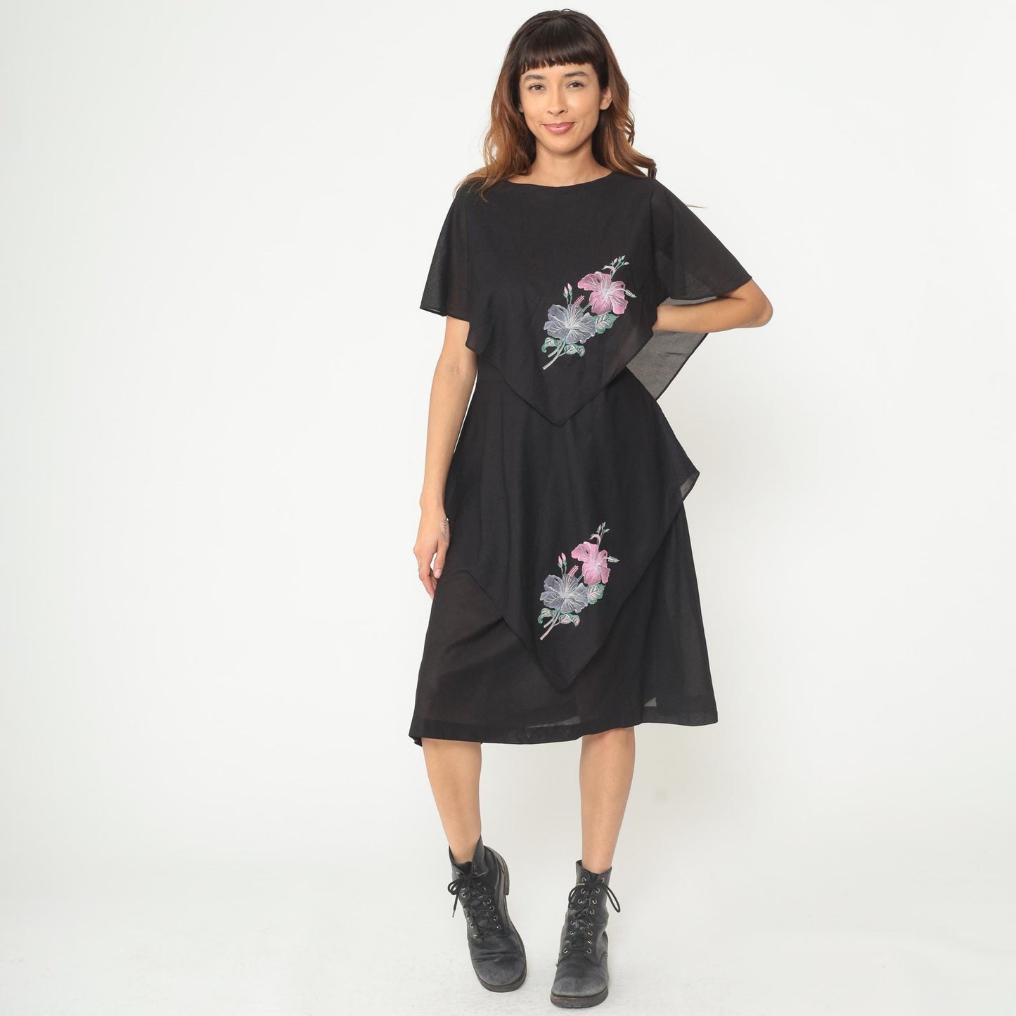 80s Black Tropical Floral Tiered Capelet Midi Dress Flutter Sleeve Medium