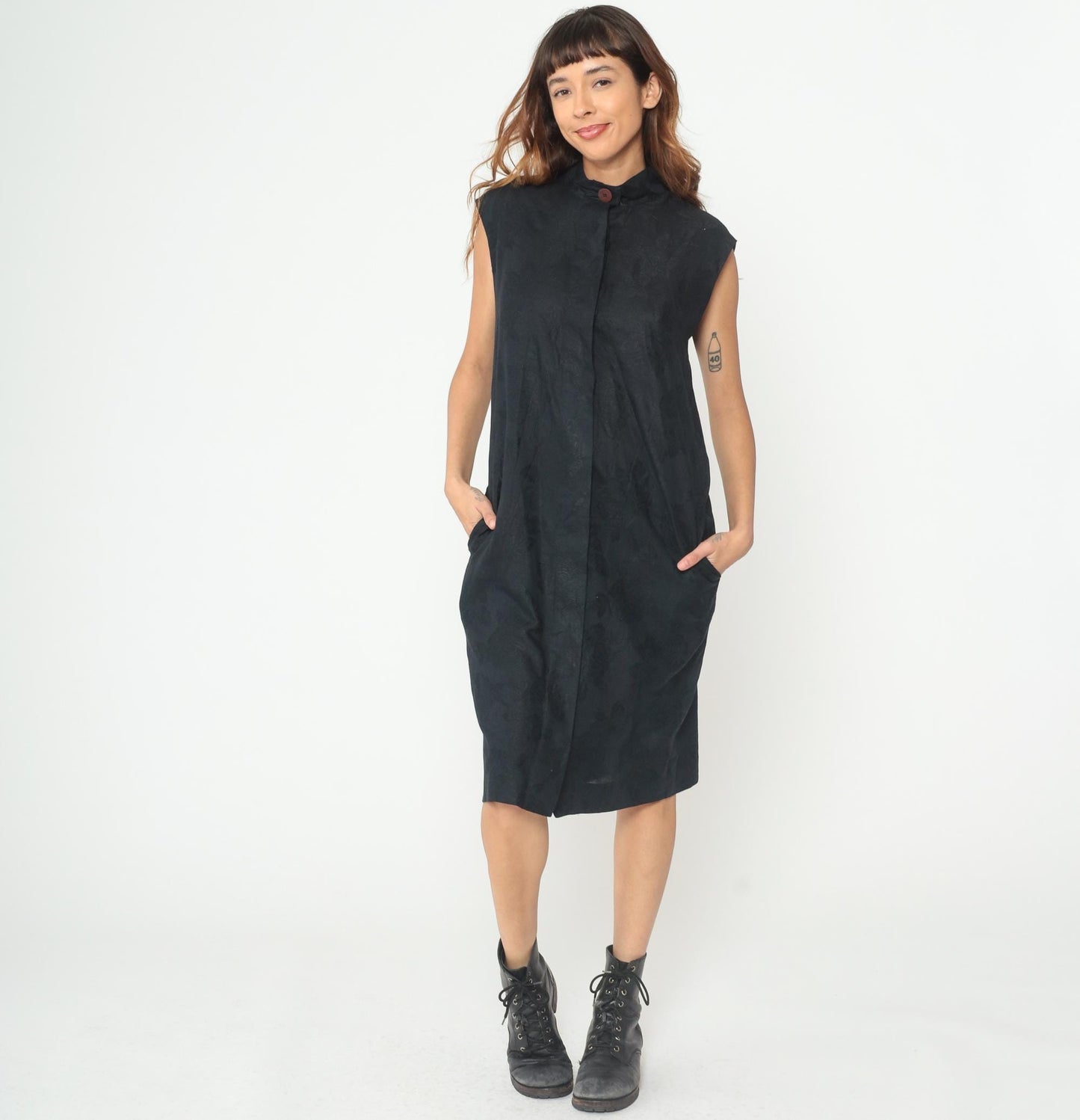 90s Albert Nipon Black Linen Mandarin Collar Midi Dress Large L