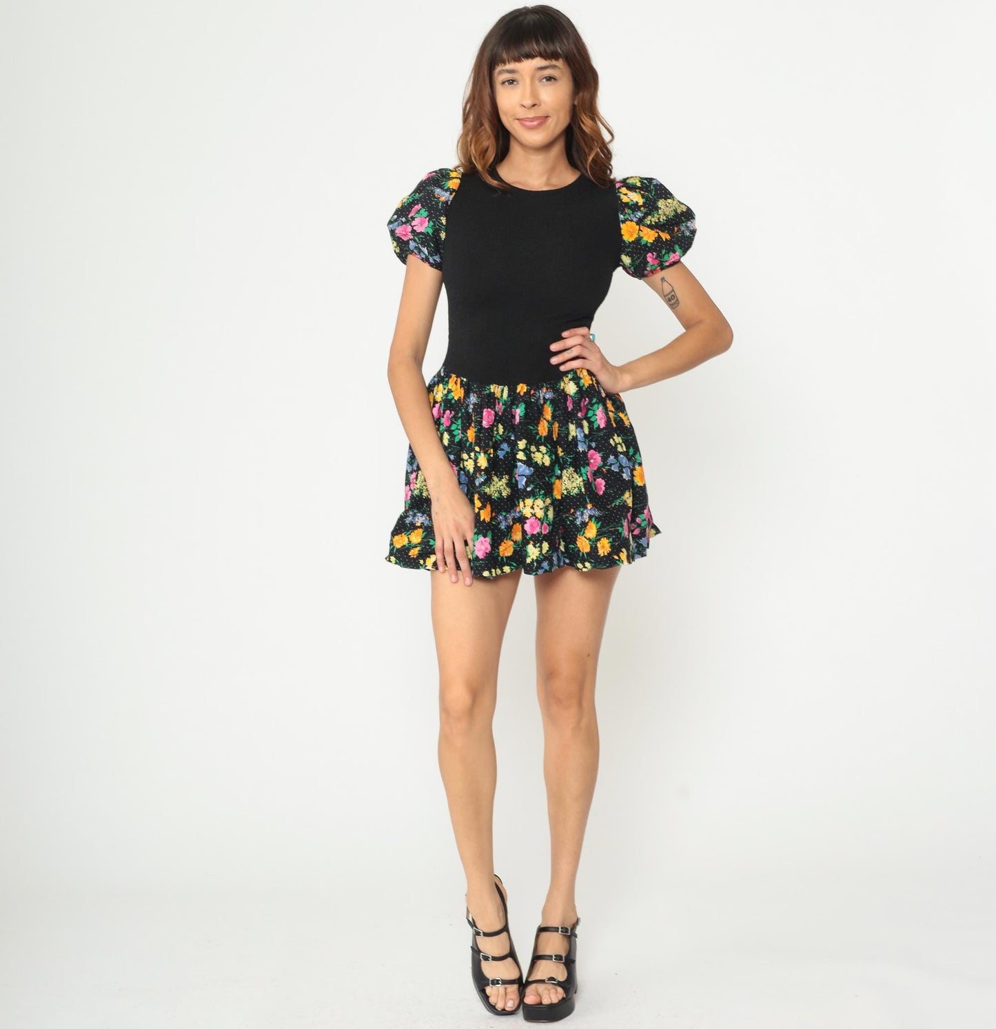 90s Amy Too Mini Dress Black Floral Polka Dot Puff Sleeve Drop Waist Extra Small XS